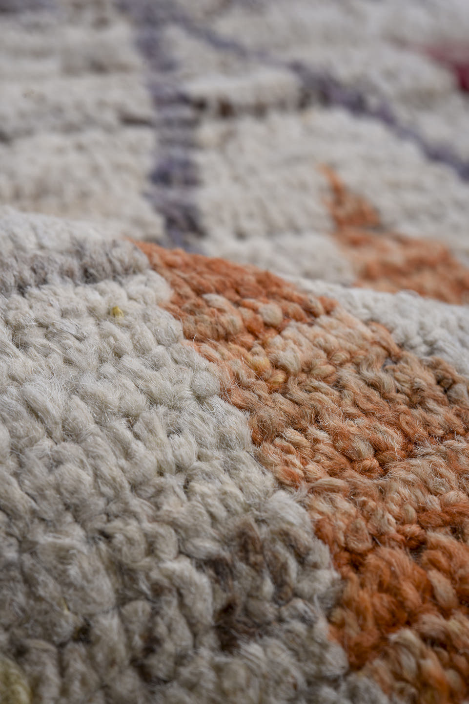 8' x 9' one-of-a-kind handmade vintage Tulu large size rug. Color palette: ivory, brown, rust, rose, lavender, taupe, gold