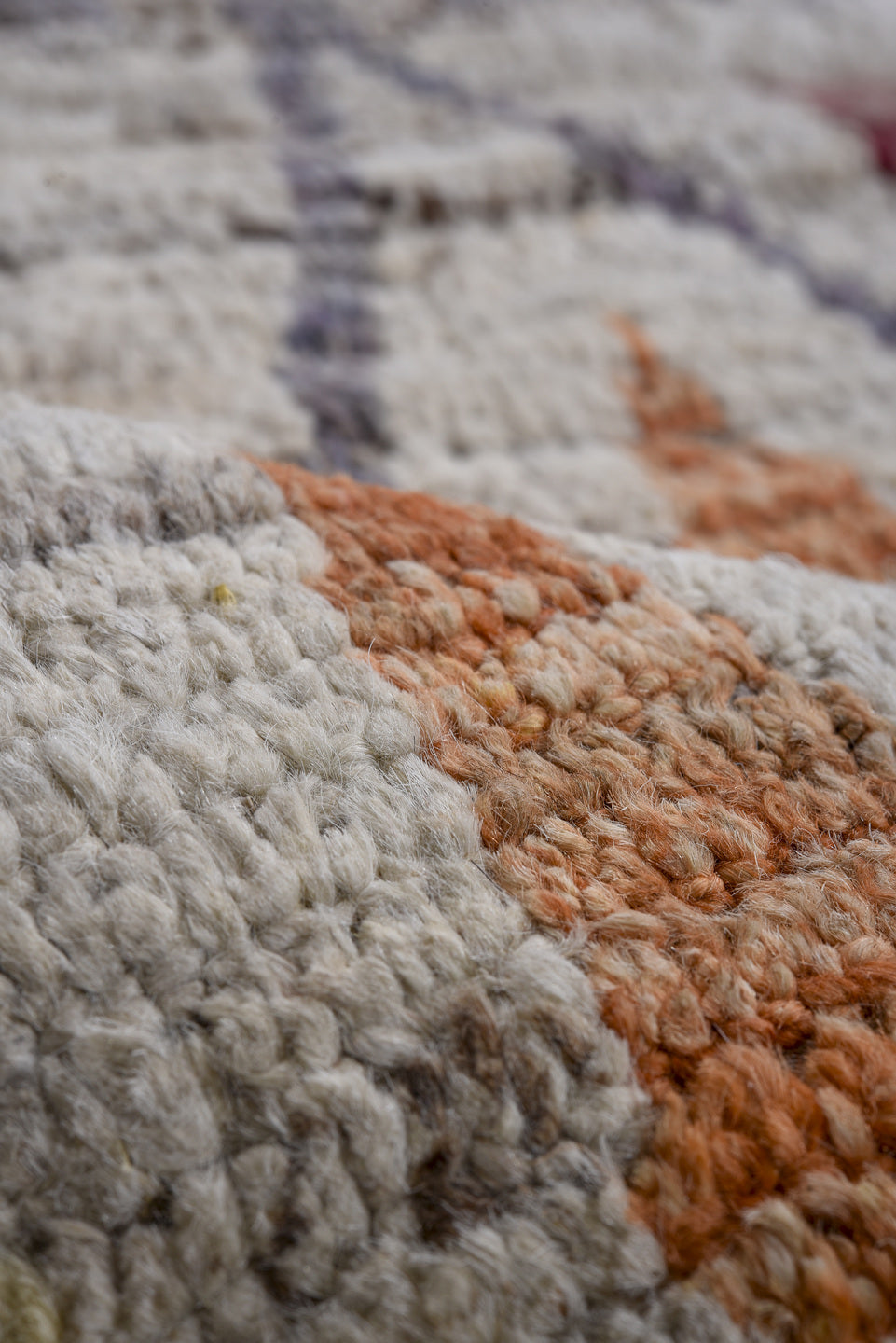 8' x 9' one-of-a-kind handmade vintage Tulu large size rug. Color palette: ivory, brown, rust, rose, lavender, taupe, gold