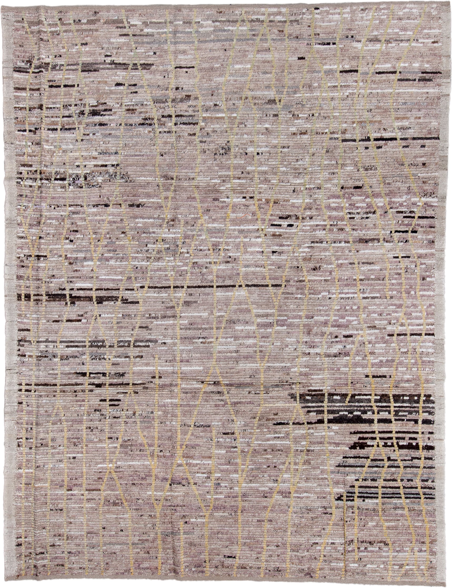 8' x 11' one-of-a-kind handmade vintage Tulu large size rug. Color palette: taupe, ivory, charcoal, cream, pale gold, greige