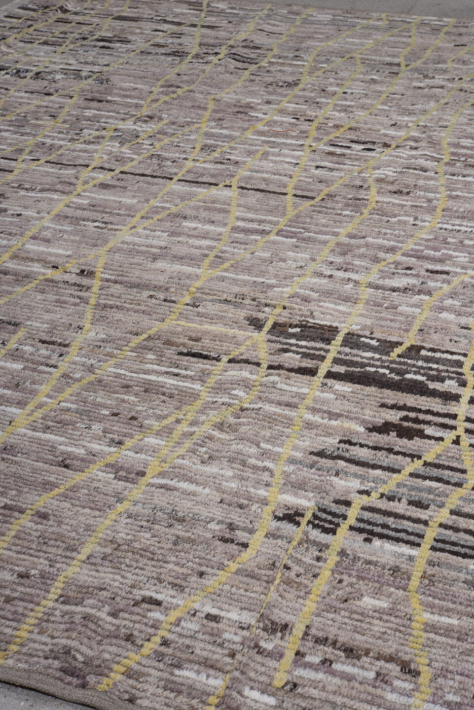 8' x 11' one-of-a-kind handmade vintage Tulu large size rug. Color palette: taupe, ivory, charcoal, cream, pale gold, greige