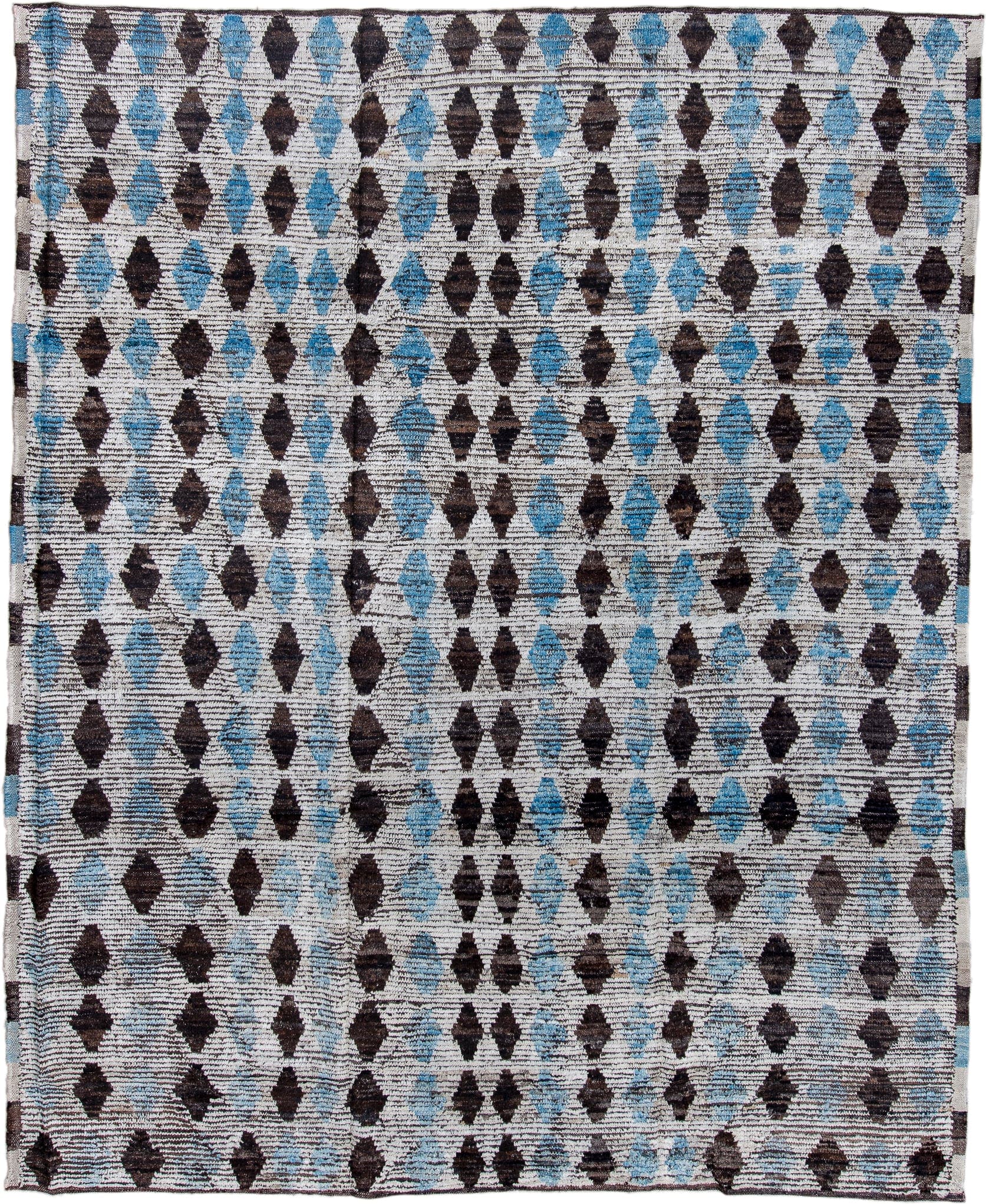 8' x 10' one-of-a-kind handmade vintage Tulu large size rug. Color palette: ivory, charcoal, sky blue, slate, gray, black