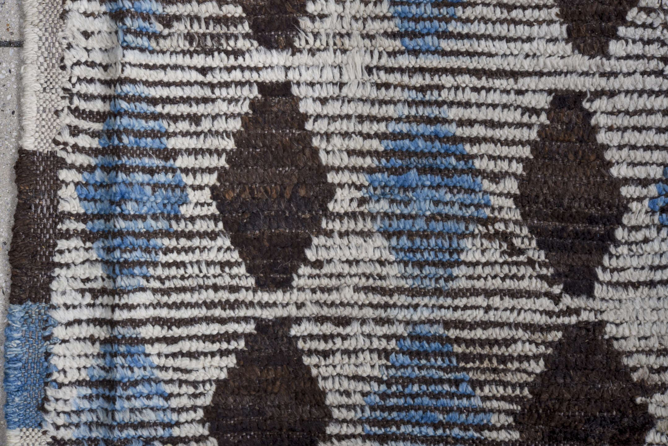 8' x 10' one-of-a-kind handmade vintage Tulu large size rug. Color palette: ivory, charcoal, sky blue, slate, gray, black