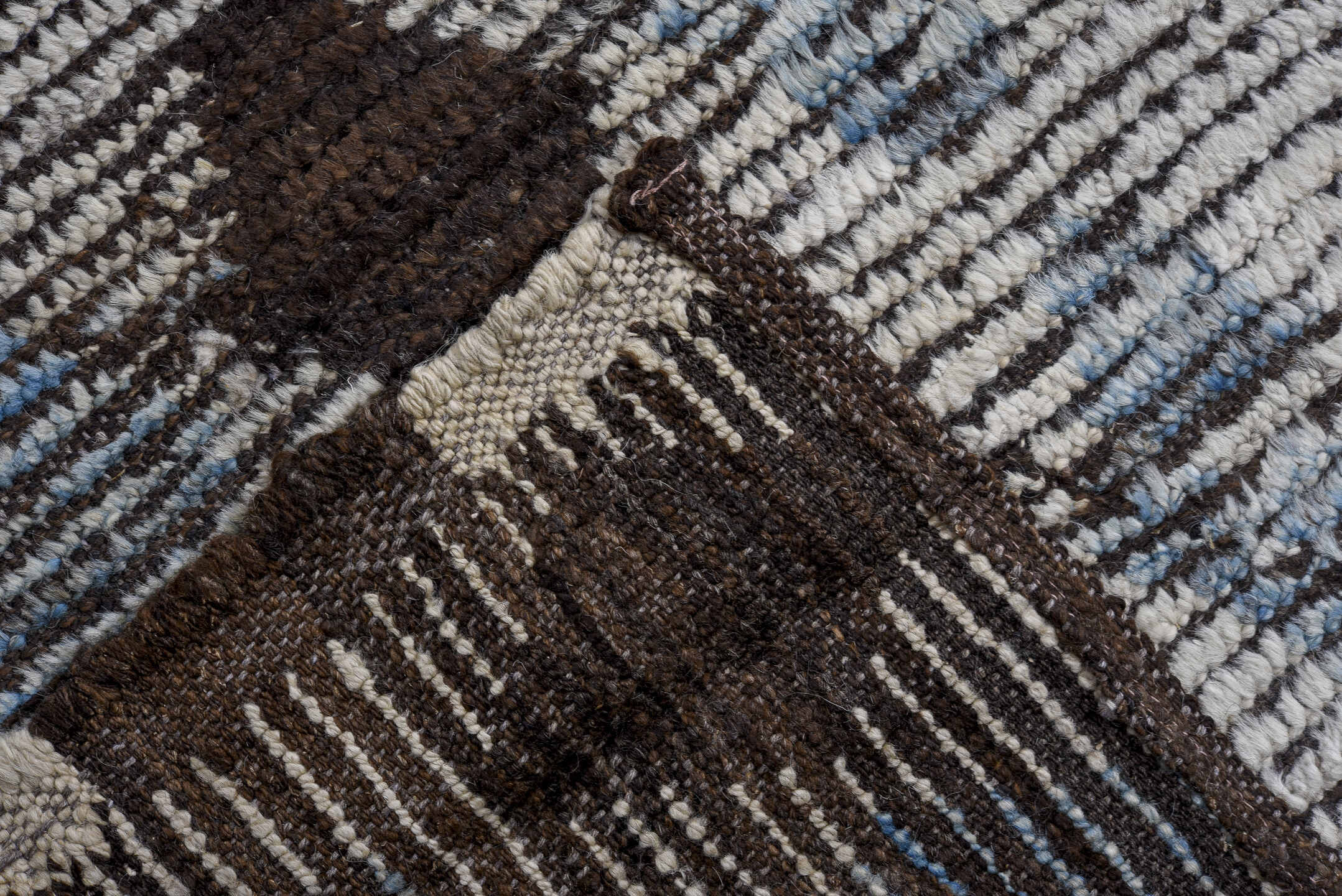 8' x 10' one-of-a-kind handmade vintage Tulu large size rug. Color palette: ivory, charcoal, sky blue, slate, gray, black