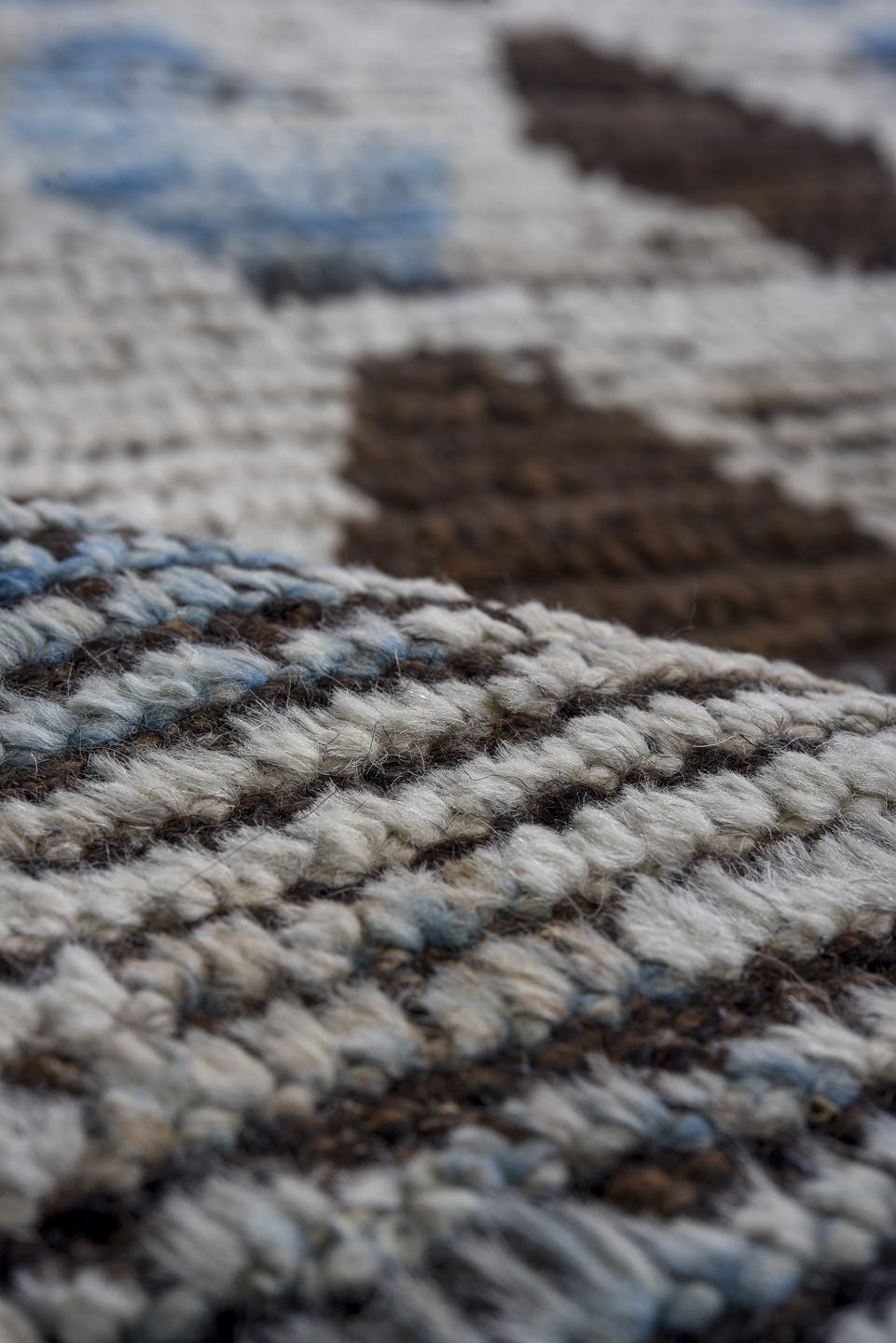 8' x 10' one-of-a-kind handmade vintage Tulu large size rug. Color palette: ivory, charcoal, sky blue, slate, gray, black