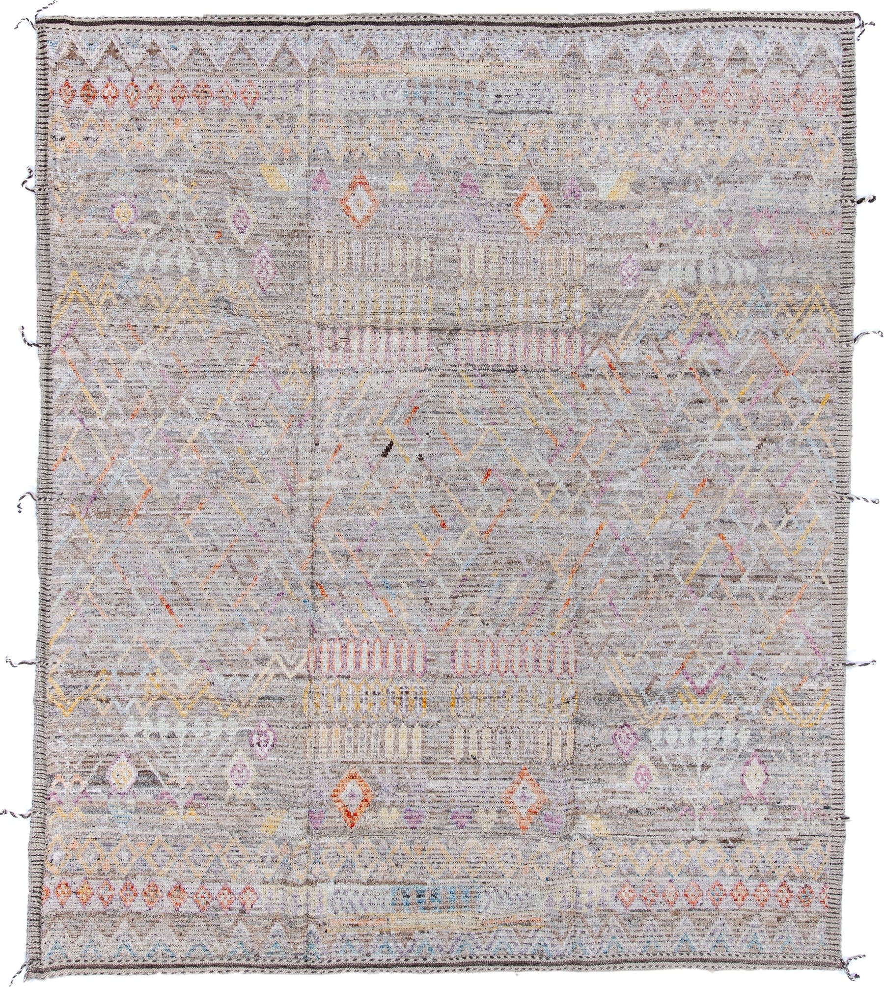 8' x 9' one-of-a-kind handmade vintage Tulu large size rug. Color palette: gray, ivory, taupe, lavender, saffron, rust