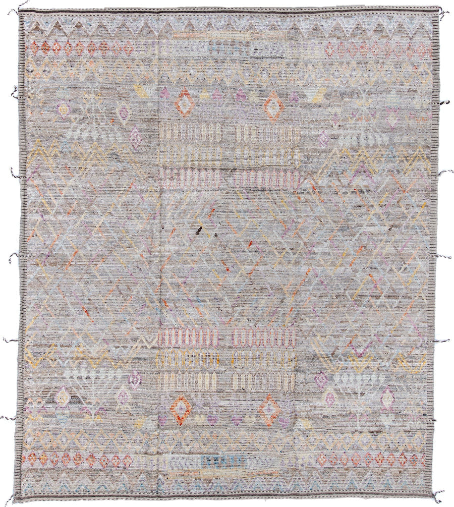 8' x 9' one-of-a-kind handmade vintage Tulu large size rug. Color palette: gray, ivory, taupe, lavender, saffron, rust