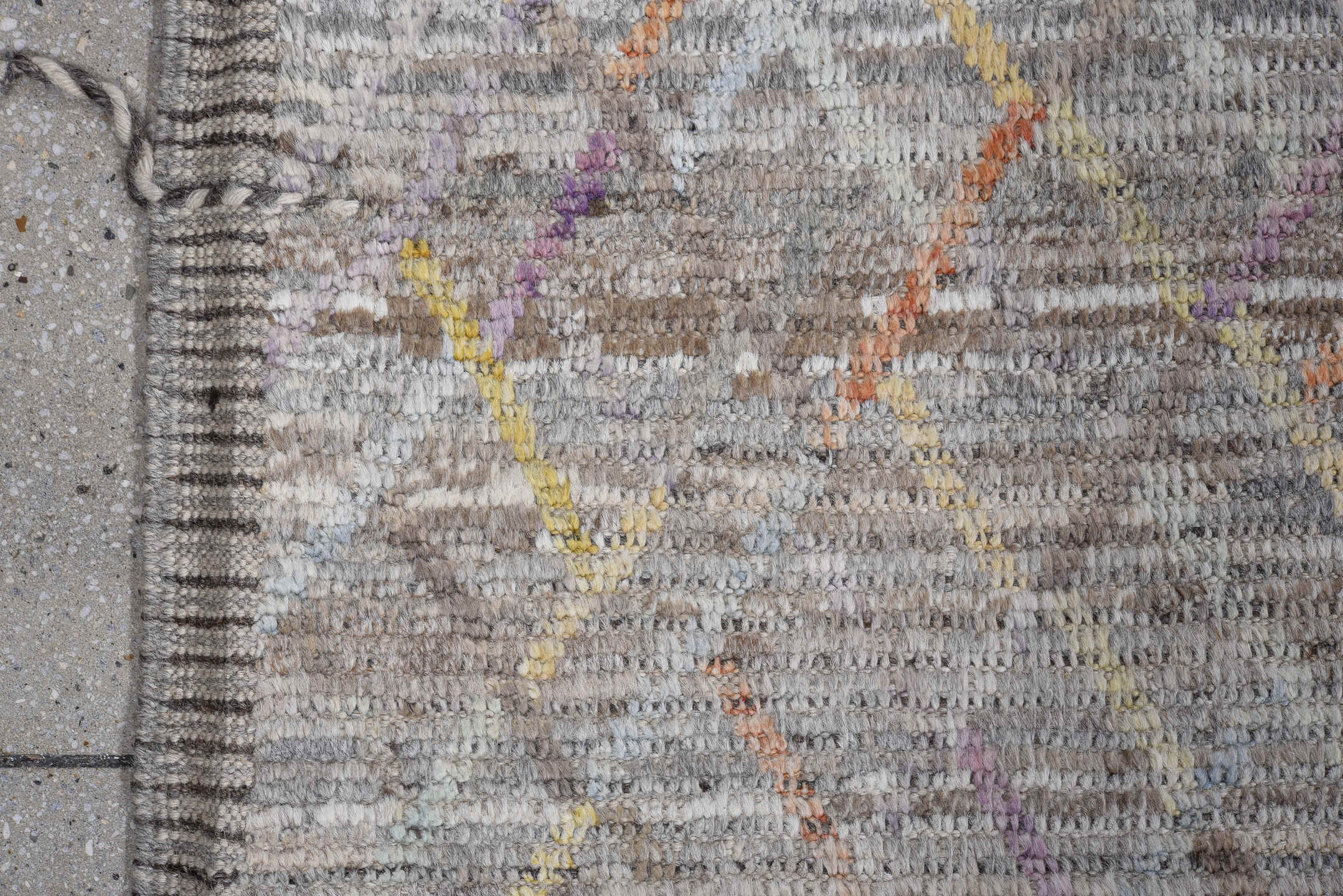 8' x 9' one-of-a-kind handmade vintage Tulu large size rug. Color palette: gray, ivory, taupe, lavender, saffron, rust