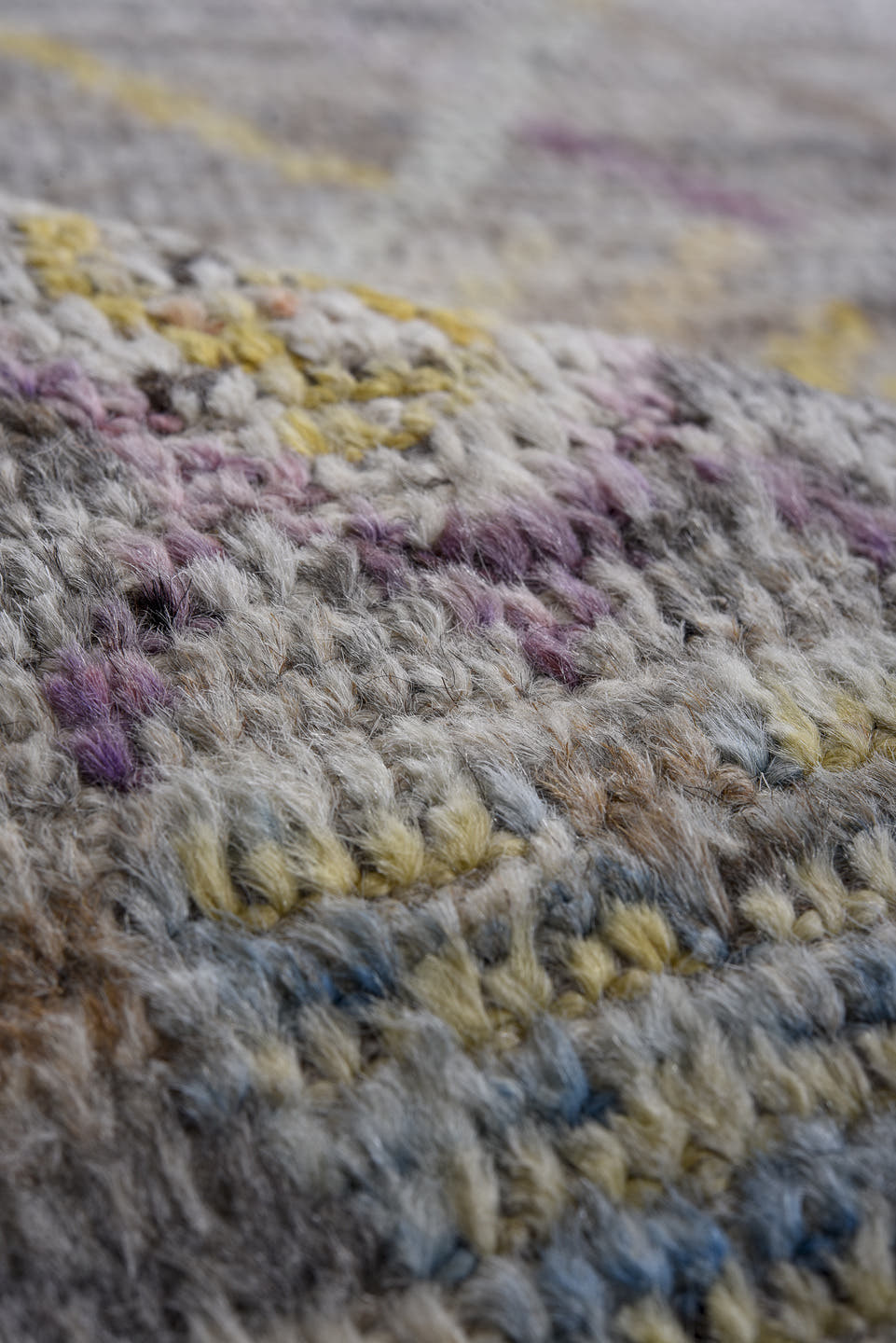 8' x 9' one-of-a-kind handmade vintage Tulu large size rug. Color palette: gray, ivory, taupe, lavender, saffron, rust