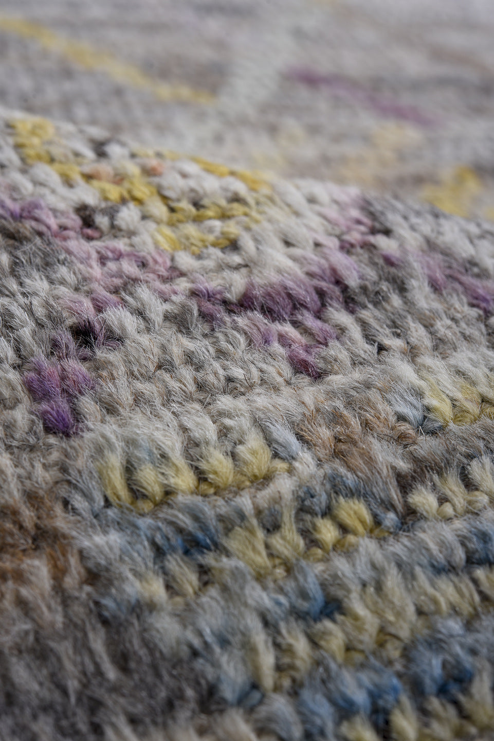 8' x 9' one-of-a-kind handmade vintage Tulu large size rug. Color palette: gray, ivory, taupe, lavender, saffron, rust