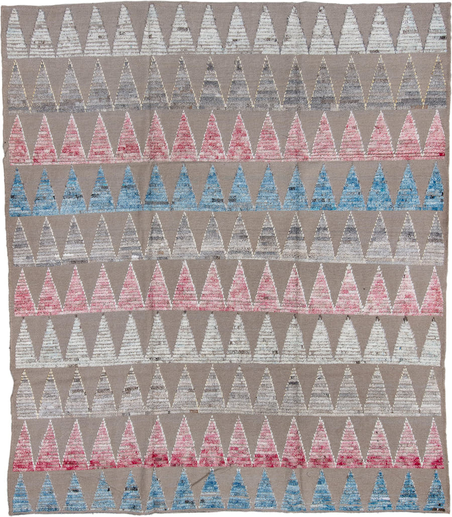 8' x 9' one-of-a-kind handmade vintage Tulu large size rug. Color palette: taupe, ivory, sky blue, rose, gray, beige