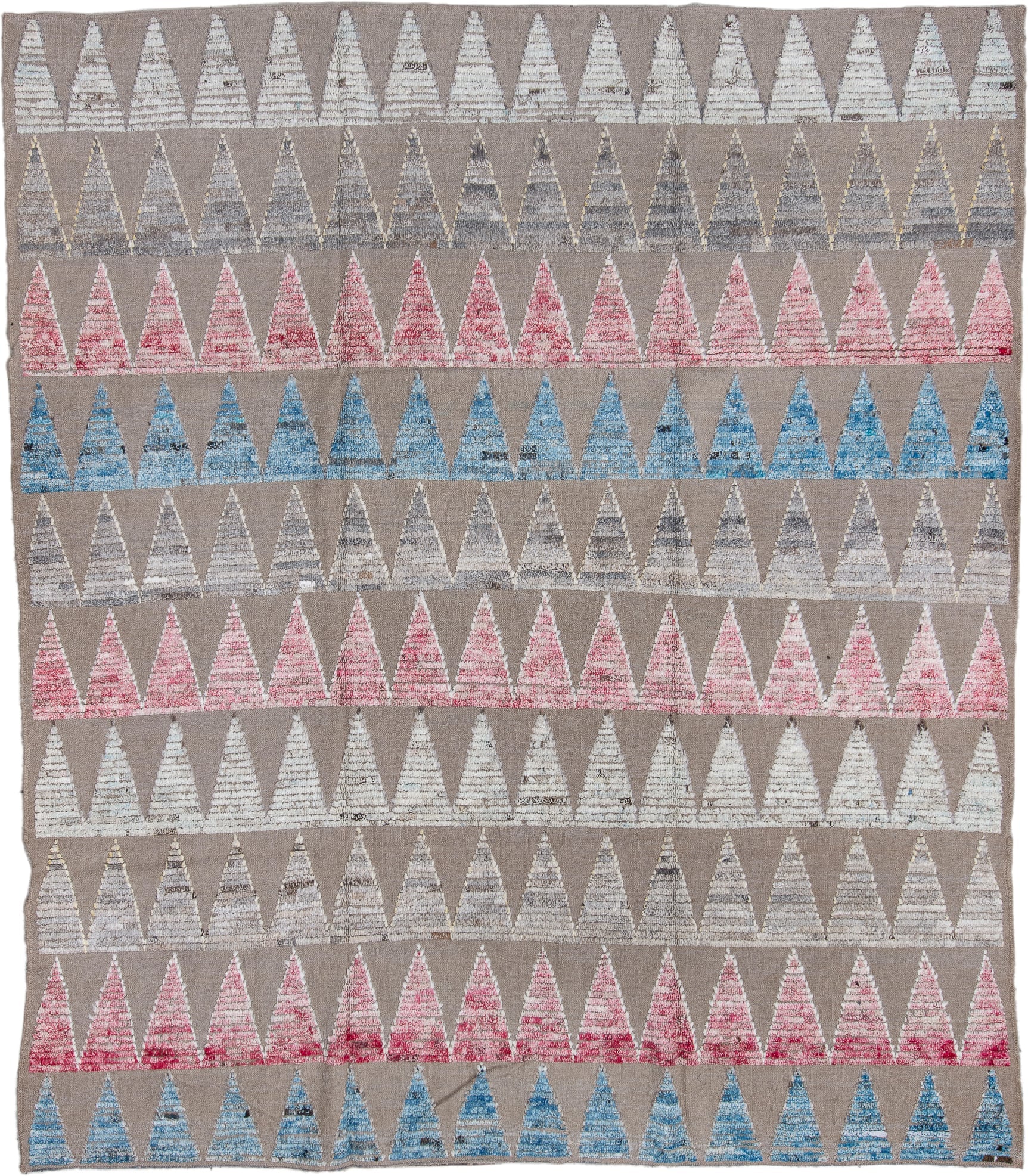 8' x 9' one-of-a-kind handmade vintage Tulu large size rug. Color palette: taupe, ivory, sky blue, rose, gray, beige