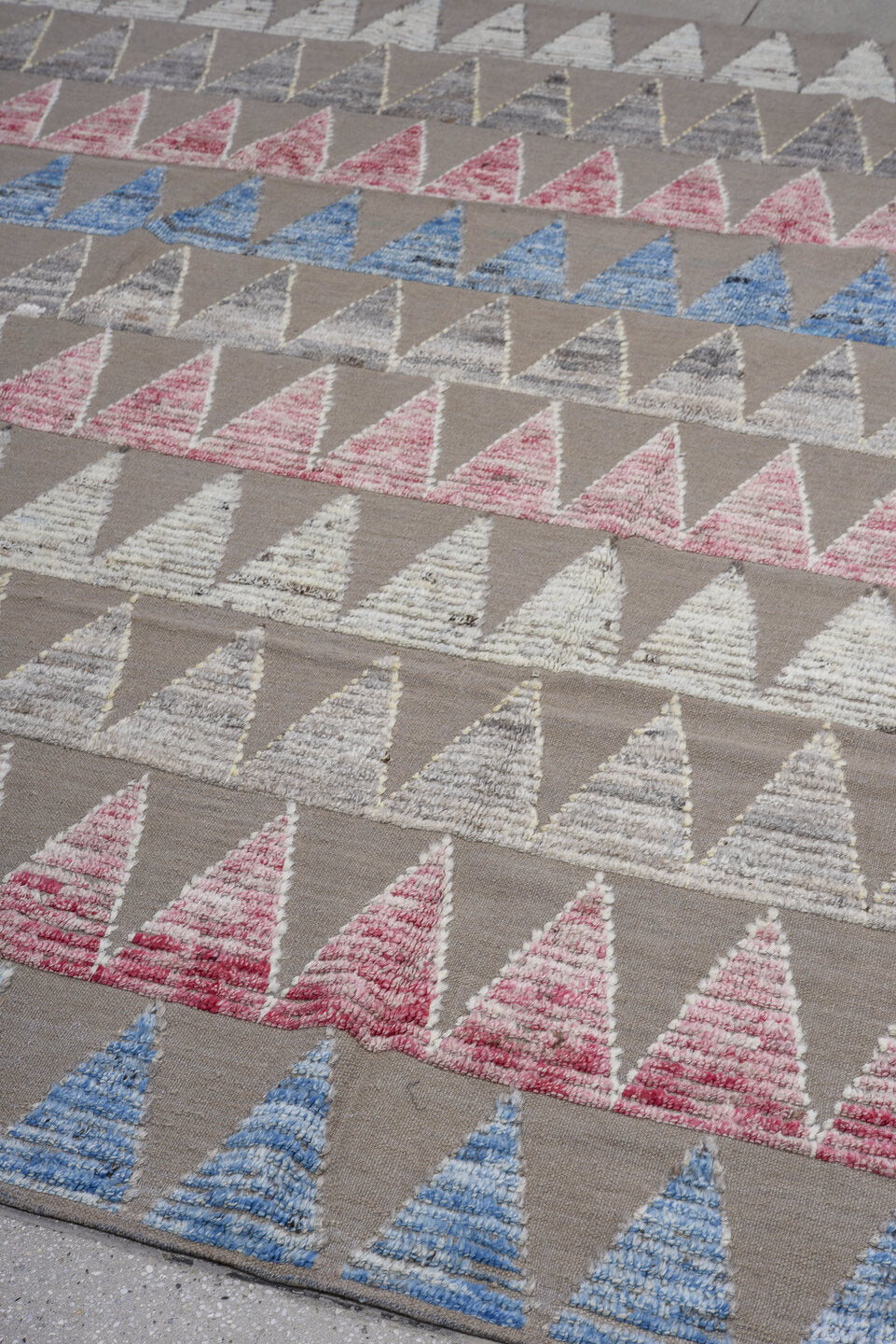 8' x 9' one-of-a-kind handmade vintage Tulu large size rug. Color palette: taupe, ivory, sky blue, rose, gray, beige