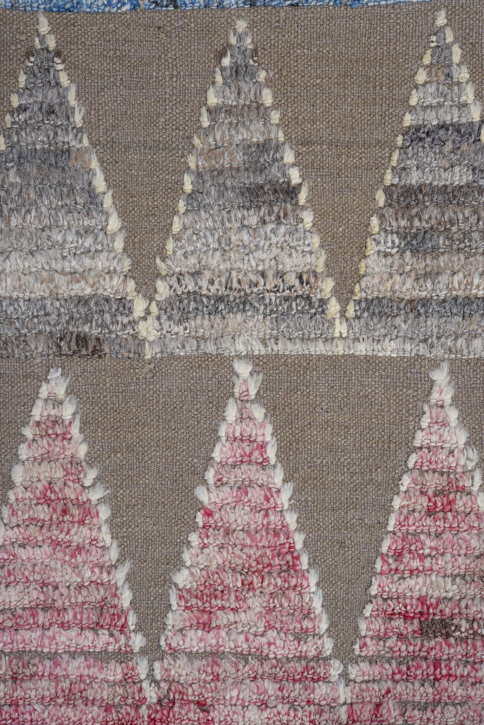 8' x 9' one-of-a-kind handmade vintage Tulu large size rug. Color palette: taupe, ivory, sky blue, rose, gray, beige