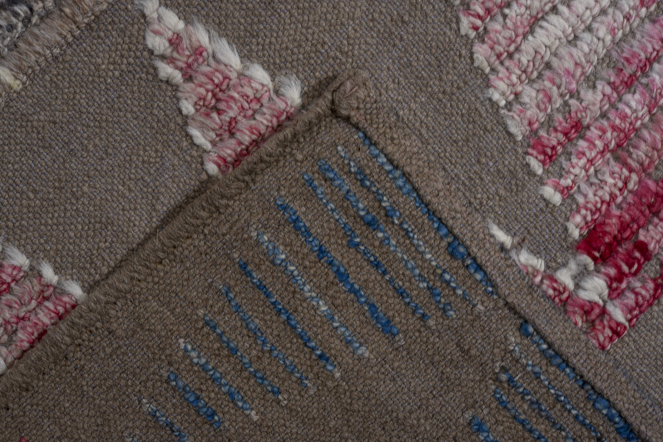 8' x 9' one-of-a-kind handmade vintage Tulu large size rug. Color palette: taupe, ivory, sky blue, rose, gray, beige