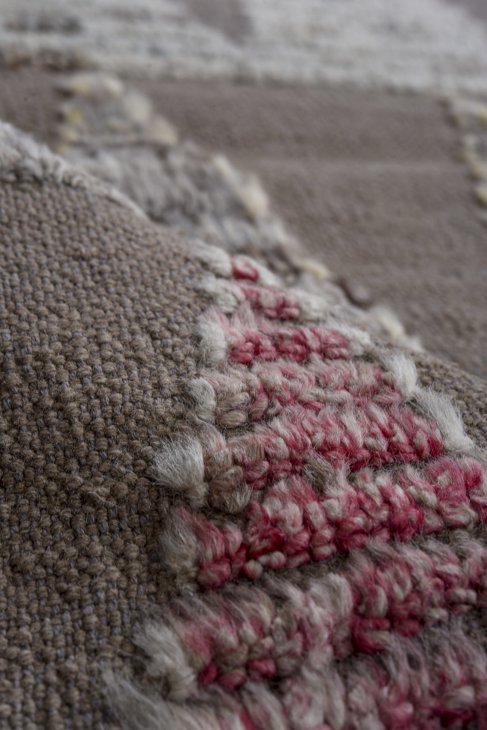 8' x 9' one-of-a-kind handmade vintage Tulu large size rug. Color palette: taupe, ivory, sky blue, rose, gray, beige