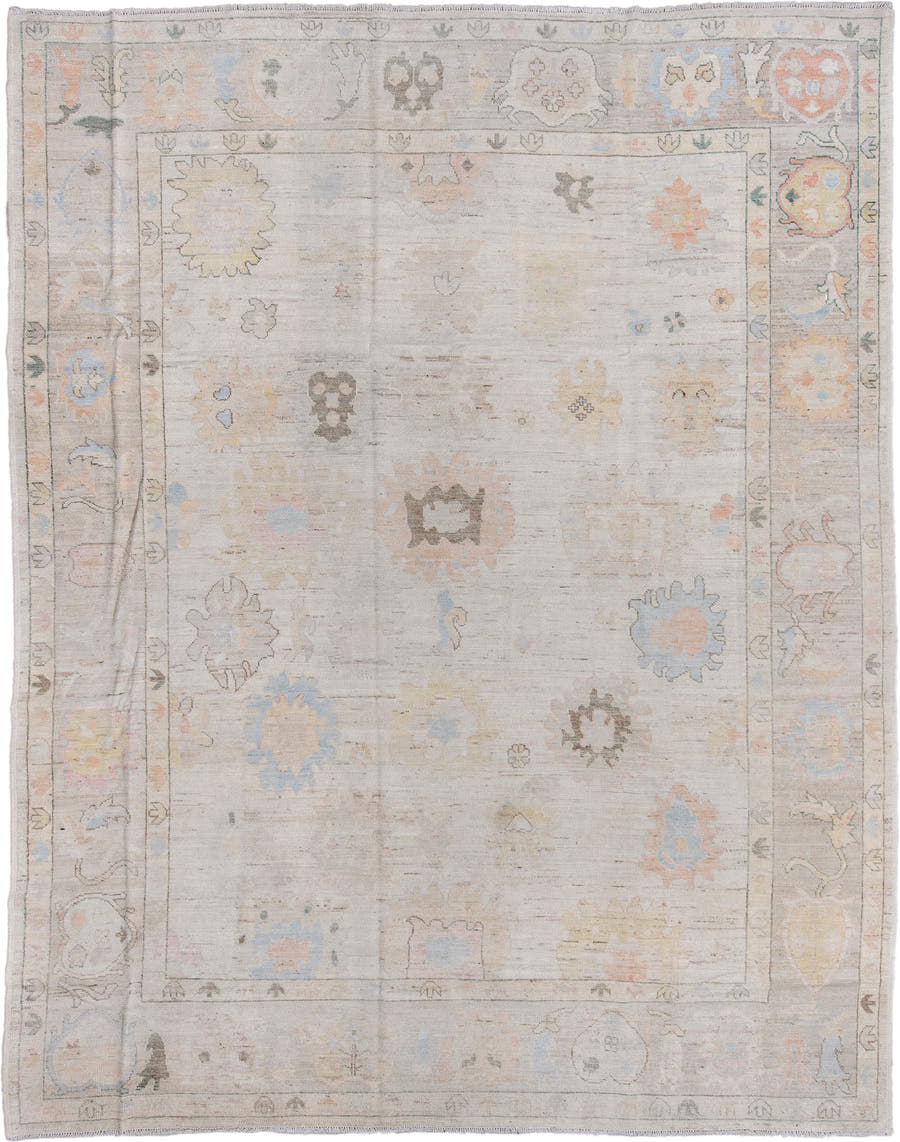 9' x 12' one-of-a-kind handmade vintage Oushak large size rug. Color palette: ivory, pale blue, taupe, peach, soft gold