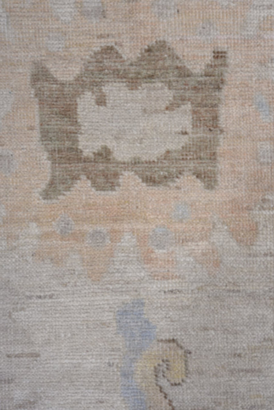 9' x 12' one-of-a-kind handmade vintage Oushak large size rug. Color palette: ivory, pale blue, taupe, peach, soft gold