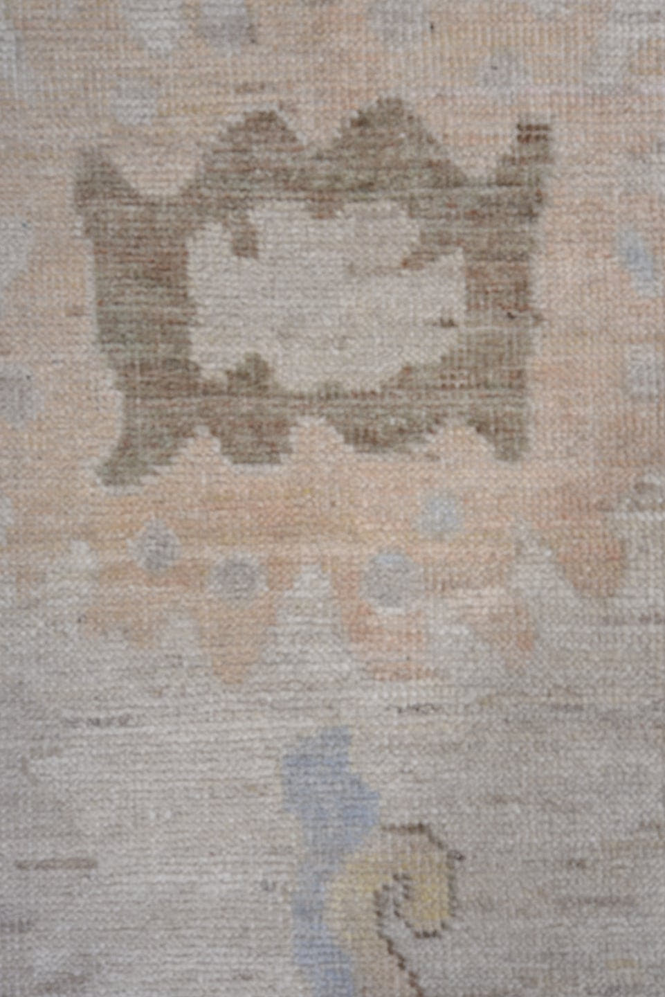 9' x 12' one-of-a-kind handmade vintage Oushak large size rug. Color palette: ivory, pale blue, taupe, peach, soft gold