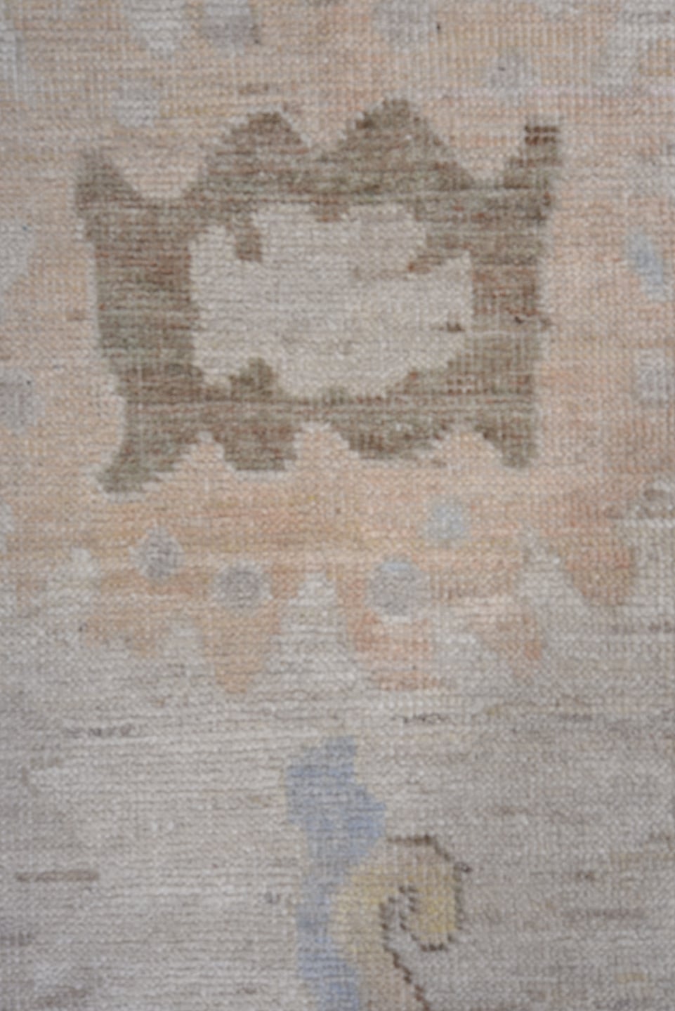 9' x 12' one-of-a-kind handmade vintage Oushak large size rug. Color palette: ivory, pale blue, taupe, peach, soft gold
