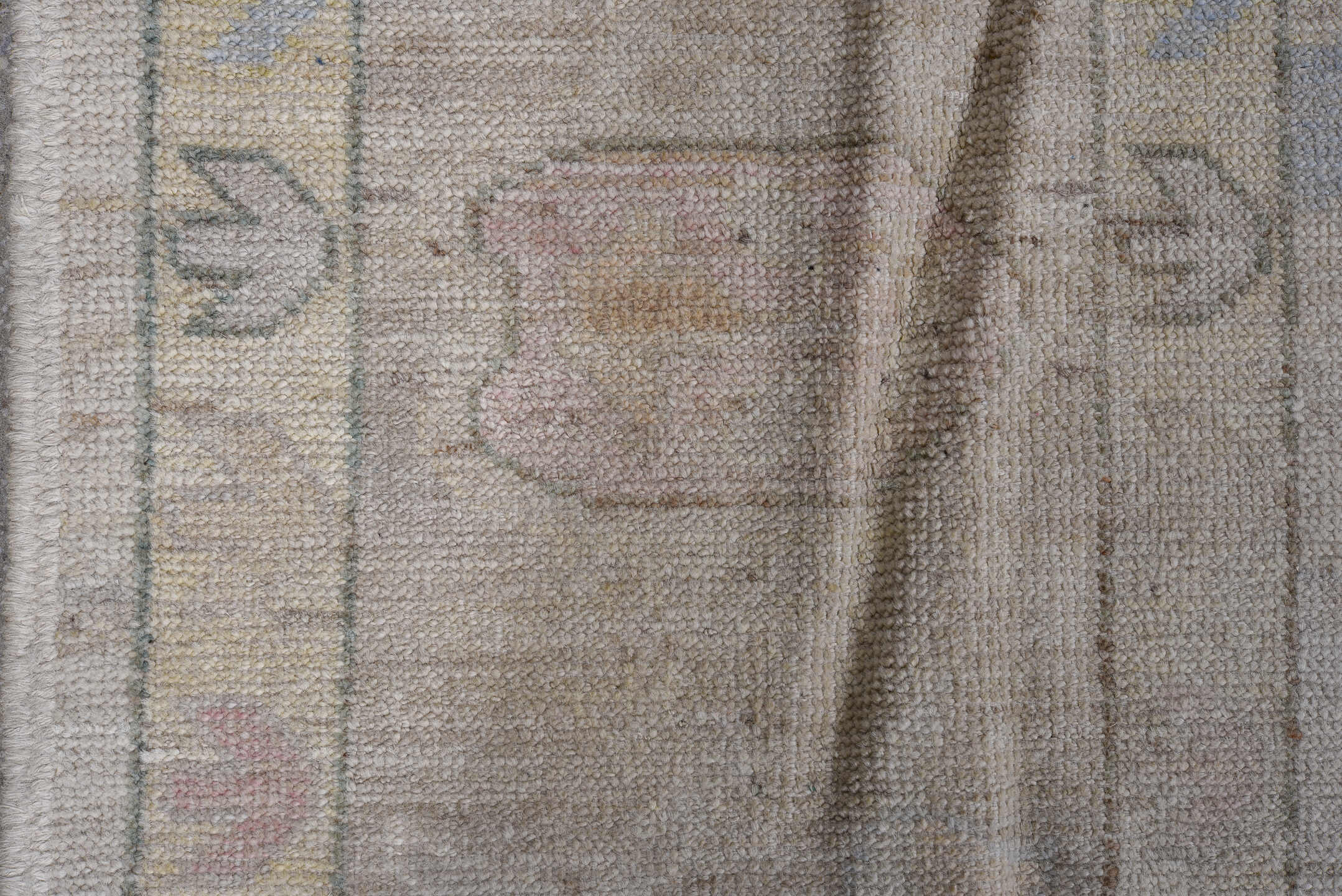 9' x 12' one-of-a-kind handmade vintage Oushak large size rug. Color palette: ivory, pale blue, taupe, peach, soft gold