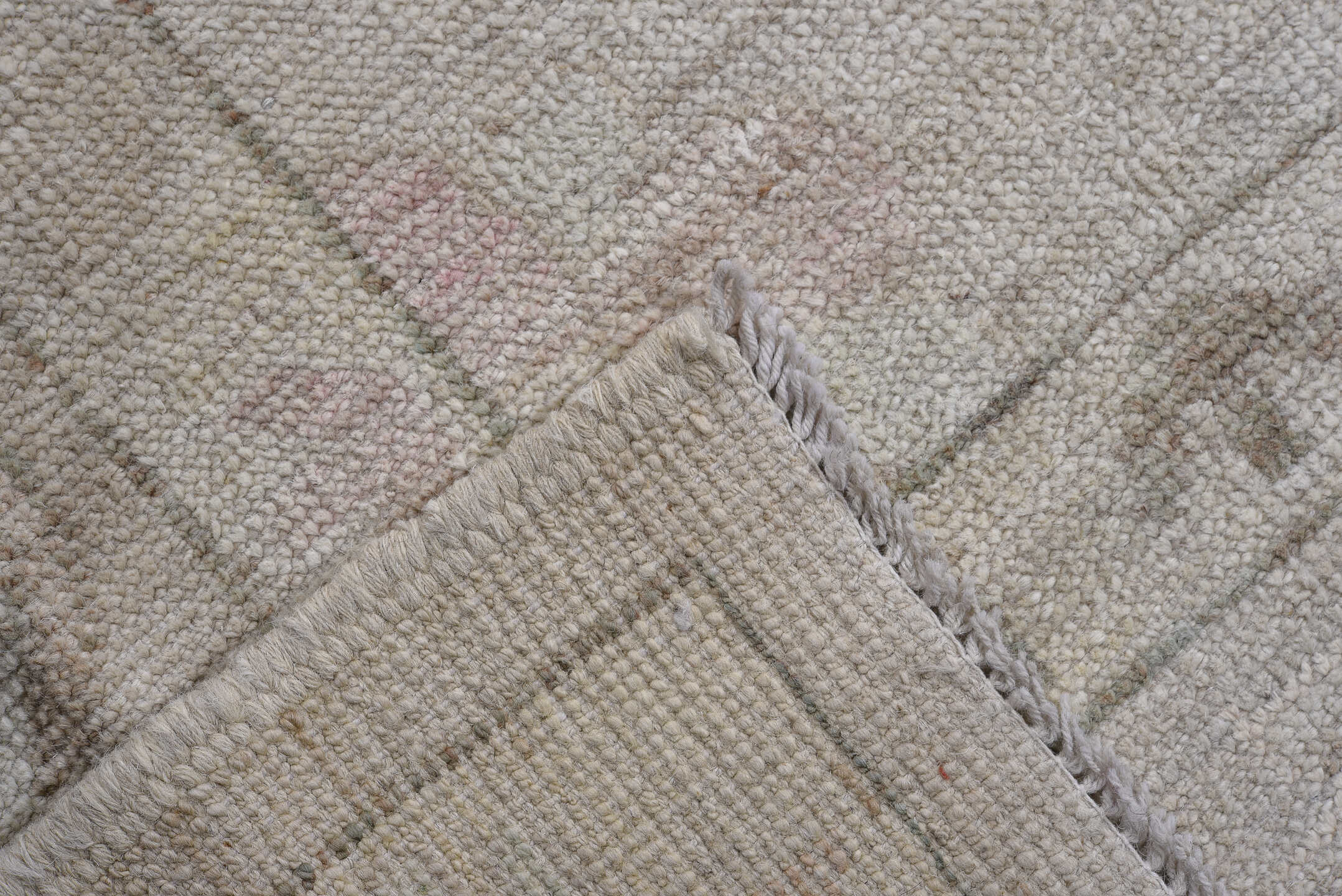 9' x 12' one-of-a-kind handmade vintage Oushak large size rug. Color palette: ivory, pale blue, taupe, peach, soft gold