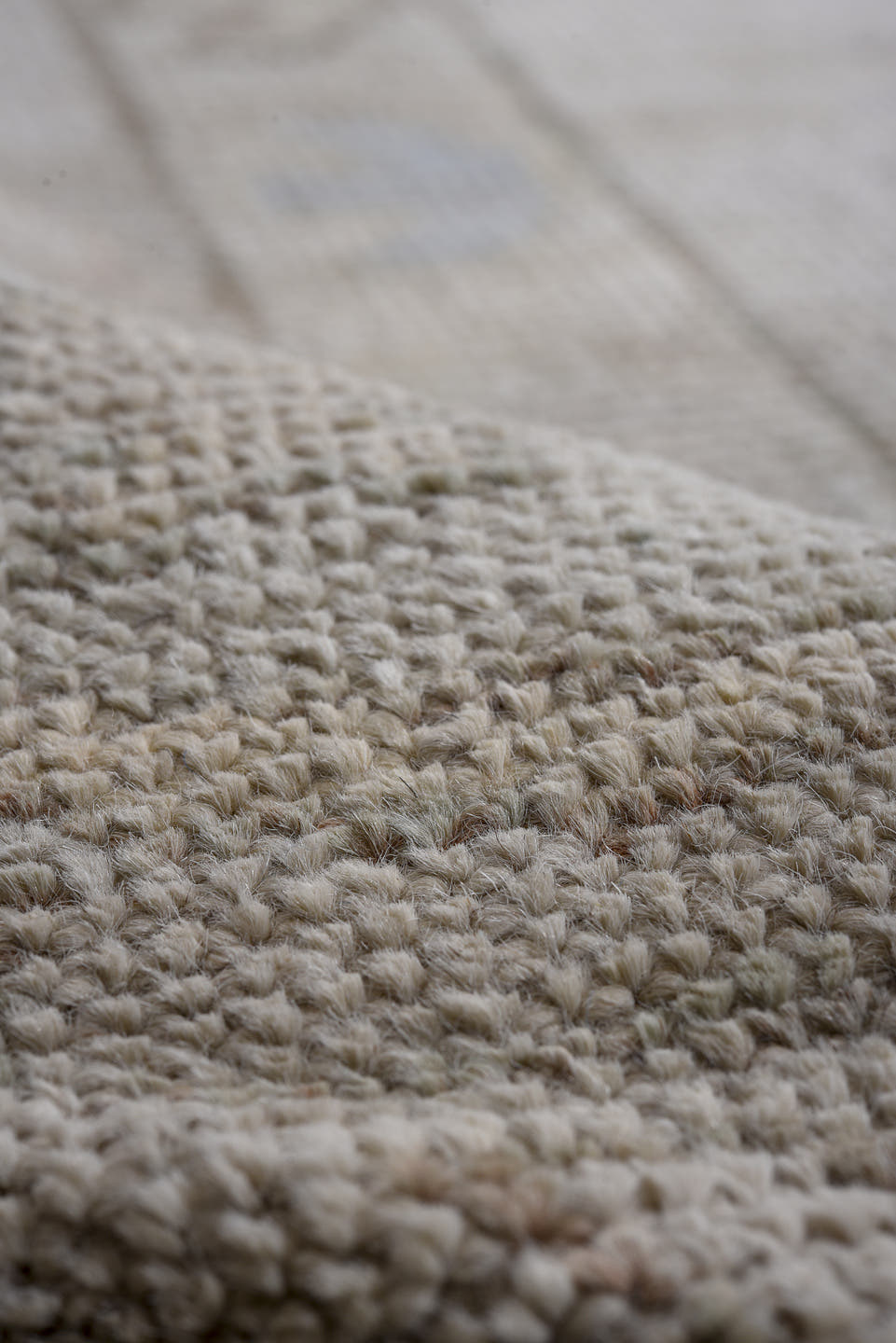 9' x 12' one-of-a-kind handmade vintage Oushak large size rug. Color palette: ivory, pale blue, taupe, peach, soft gold