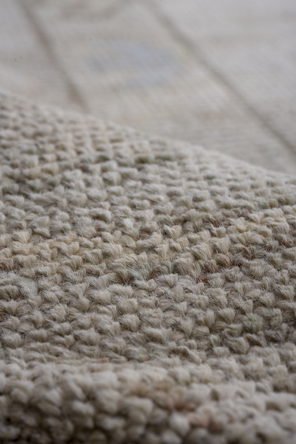 9' x 12' one-of-a-kind handmade vintage Oushak large size rug. Color palette: ivory, pale blue, taupe, peach, soft gold