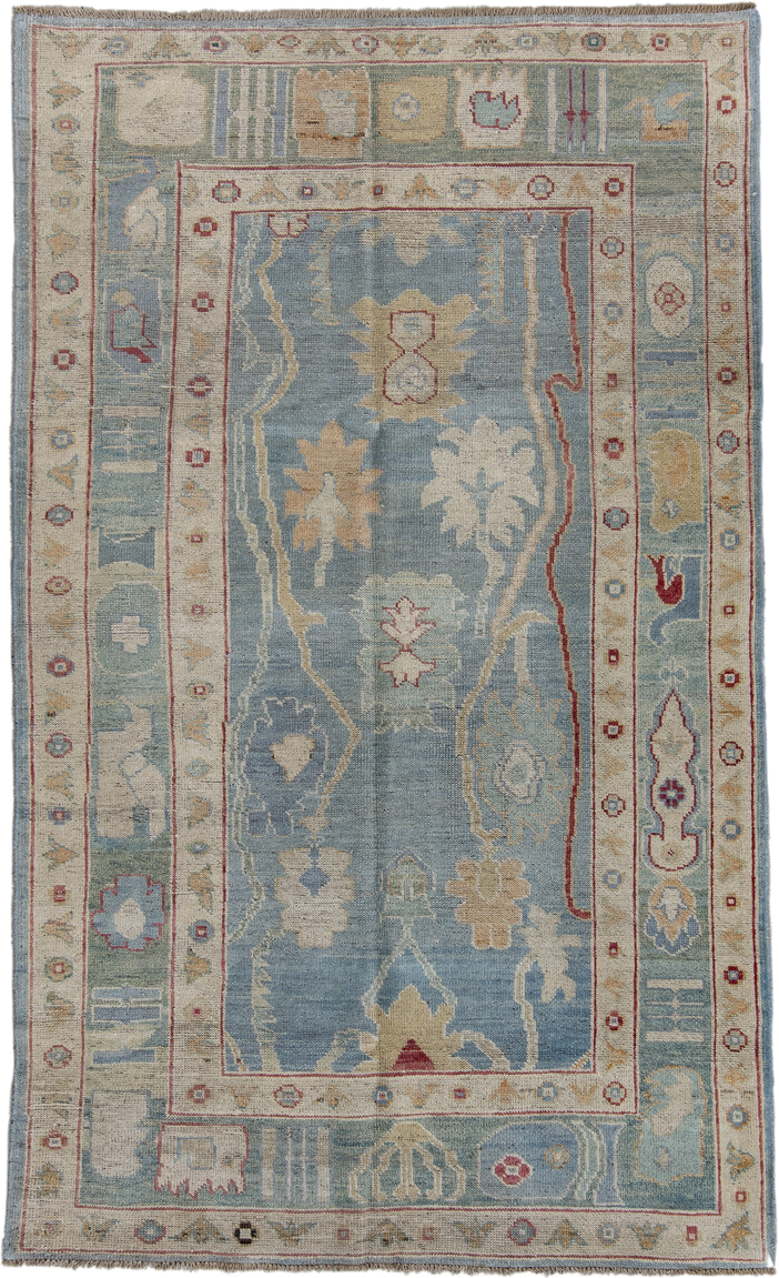 4' x 8' one-of-a-kind handmade vintage Oushak rug. Color palette: sky blue, ivory, beige, rust, sage, gold, slate