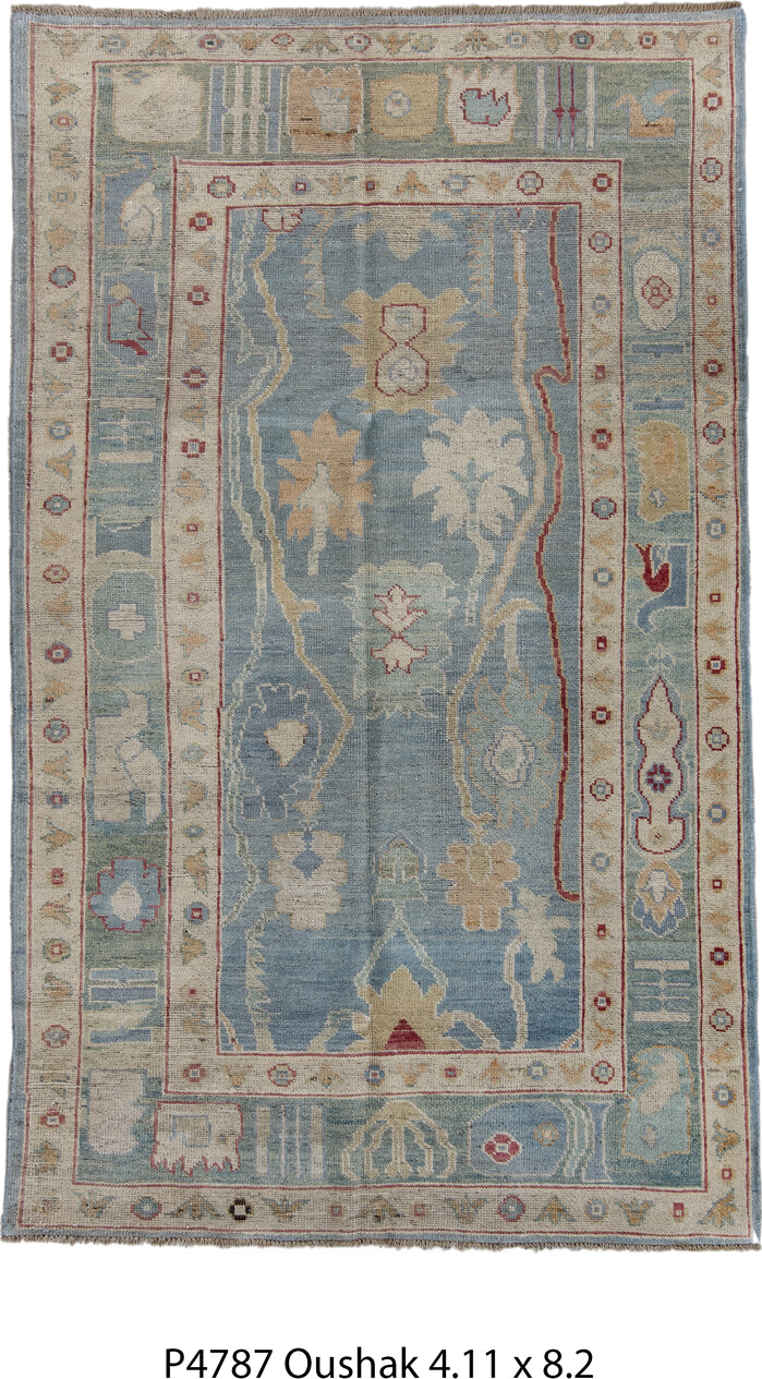4' x 8' one-of-a-kind handmade vintage Oushak rug. Color palette: blue, brown, dark gray, dim gray, gray, light gray