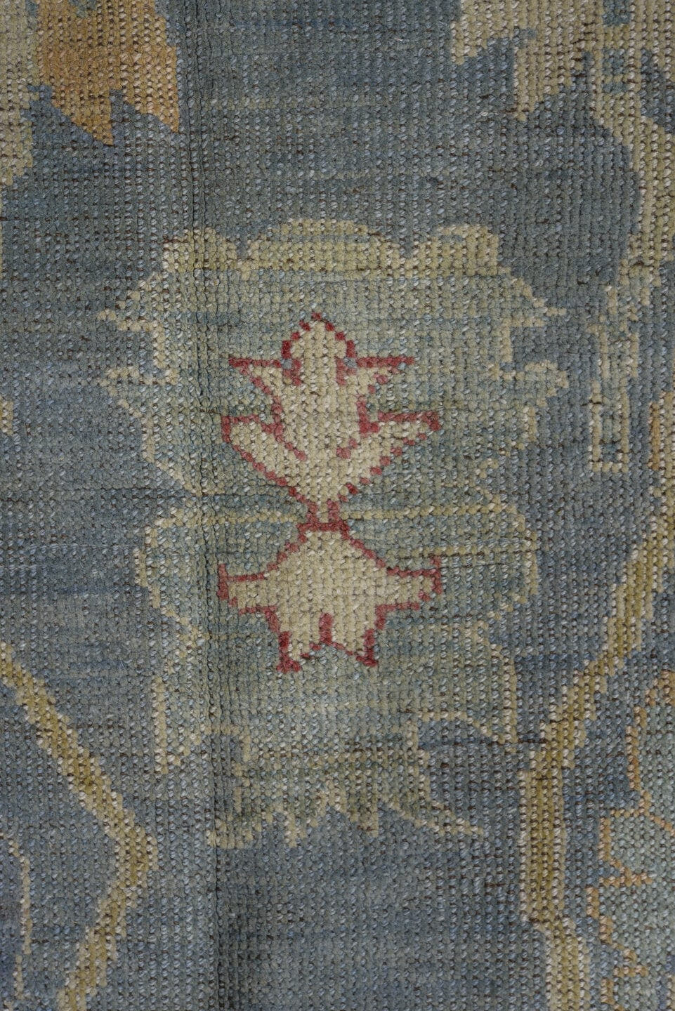 4' x 8' one-of-a-kind handmade vintage Oushak rug. Color palette: sky blue, ivory, beige, rust, sage, gold, slate