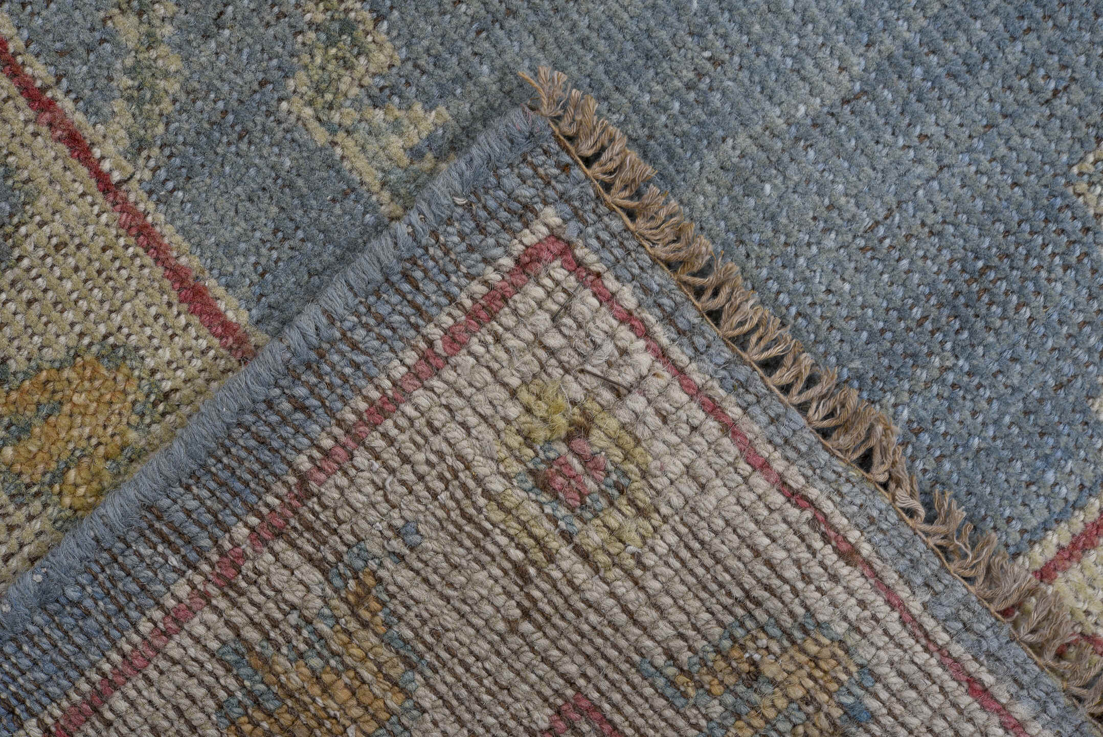 4' x 8' one-of-a-kind handmade vintage Oushak rug. Color palette: sky blue, ivory, beige, rust, sage, gold, slate