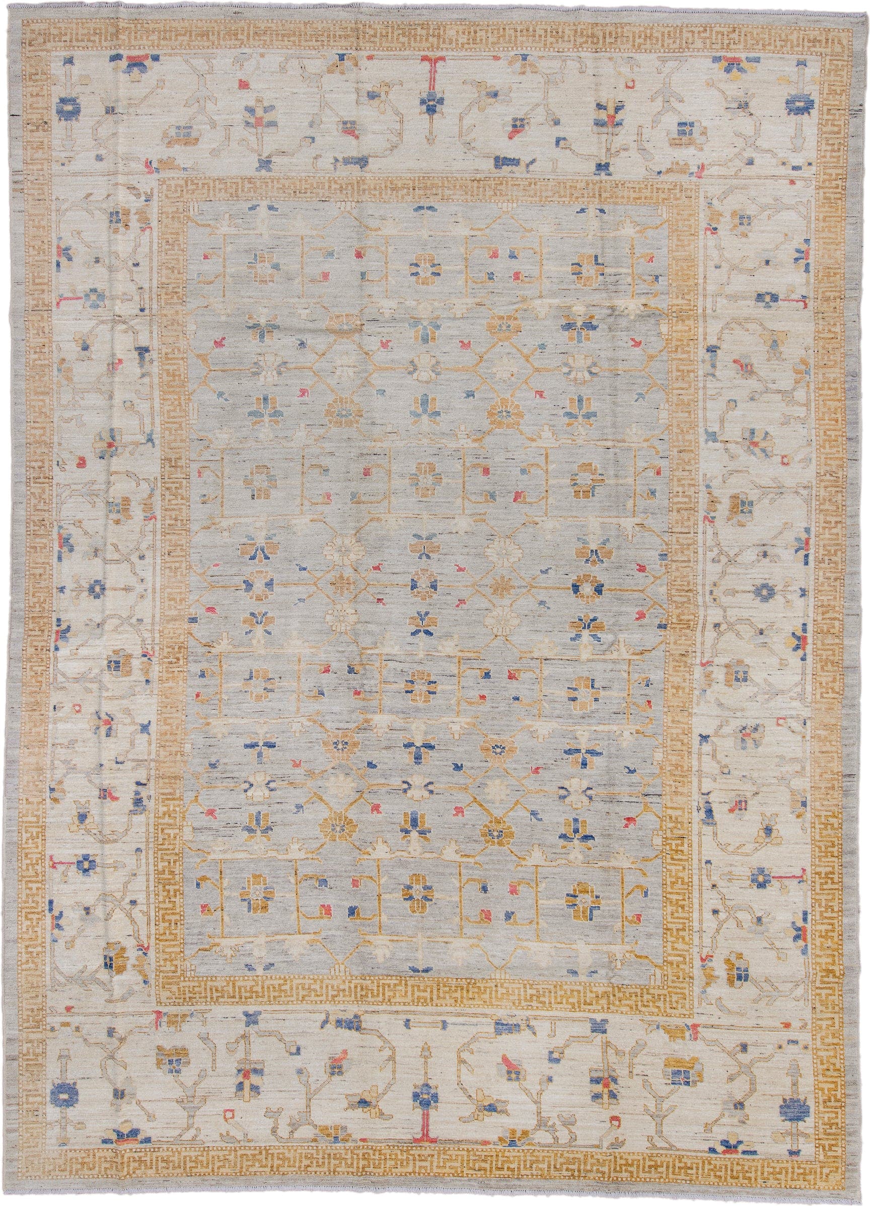 10' x 14' one-of-a-kind handmade vintage Oushak large size rug. Color palette: ivory, gold, beige, blue, rose, taupe, pink