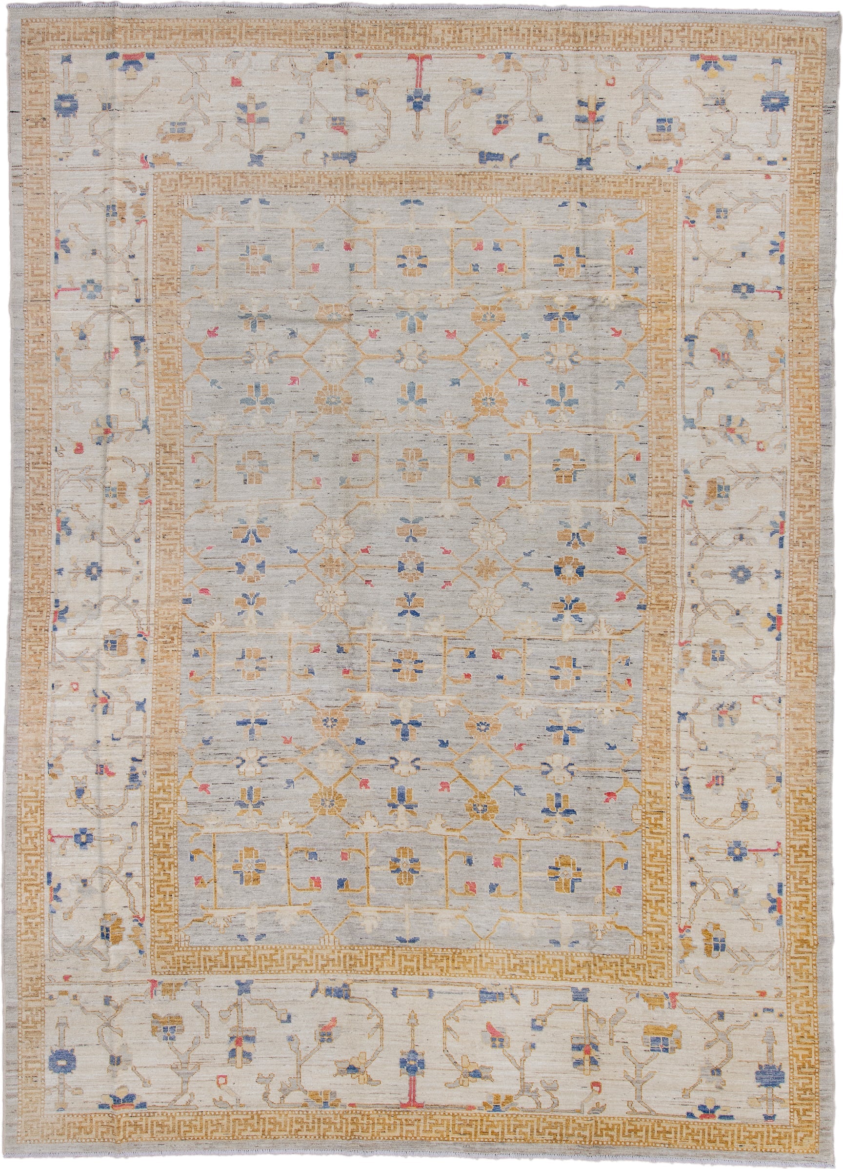 10' x 14' one-of-a-kind handmade vintage Oushak large size rug. Color palette: ivory, gold, beige, blue, rose, taupe, pink