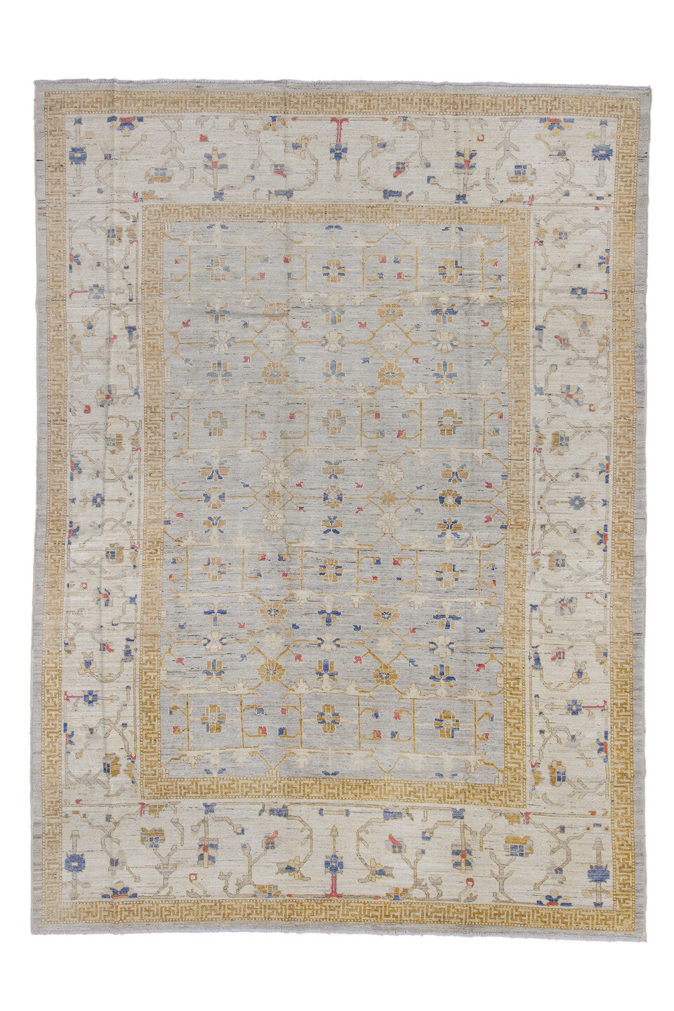 10' x 14' one-of-a-kind handmade vintage Oushak large size rug. Color palette: blue, brown, dark gray, dim gray, fiord, gray