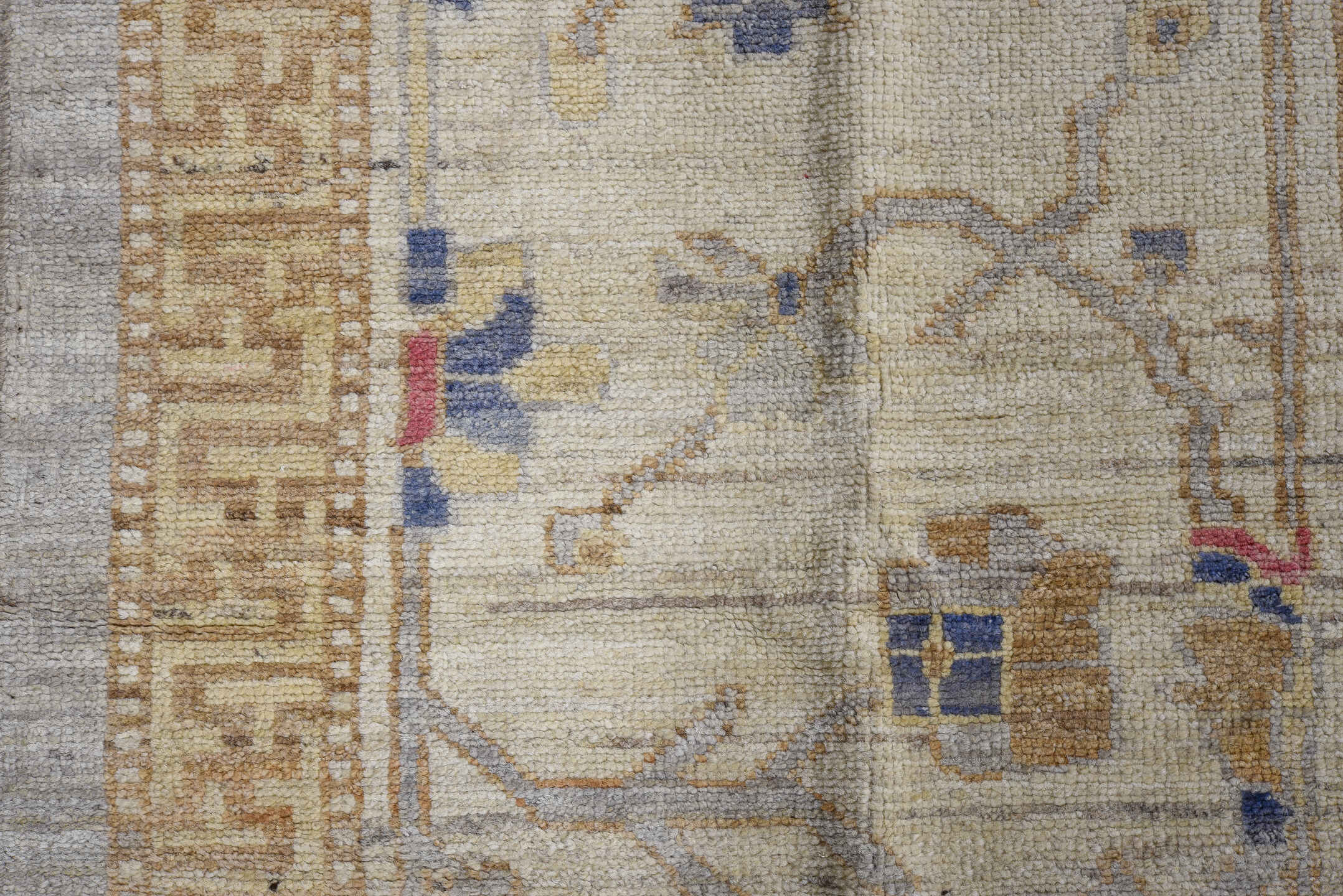10' x 14' one-of-a-kind handmade vintage Oushak large size rug. Color palette: ivory, gold, beige, blue, rose, taupe, pink