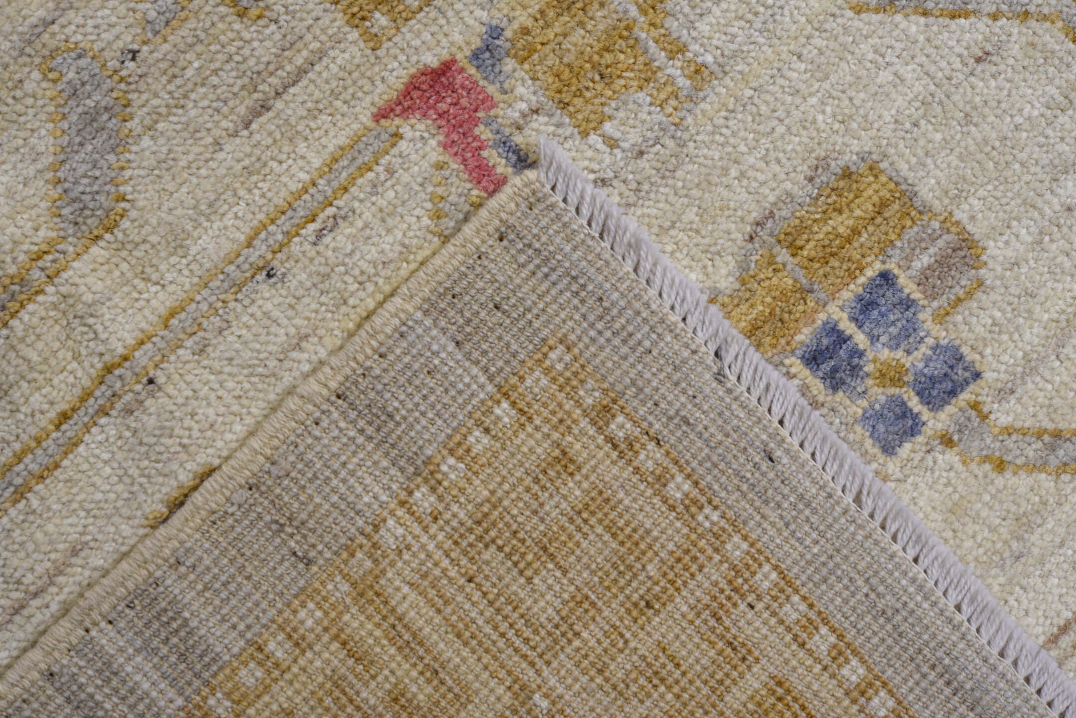10' x 14' one-of-a-kind handmade vintage Oushak large size rug. Color palette: ivory, gold, beige, blue, rose, taupe, pink