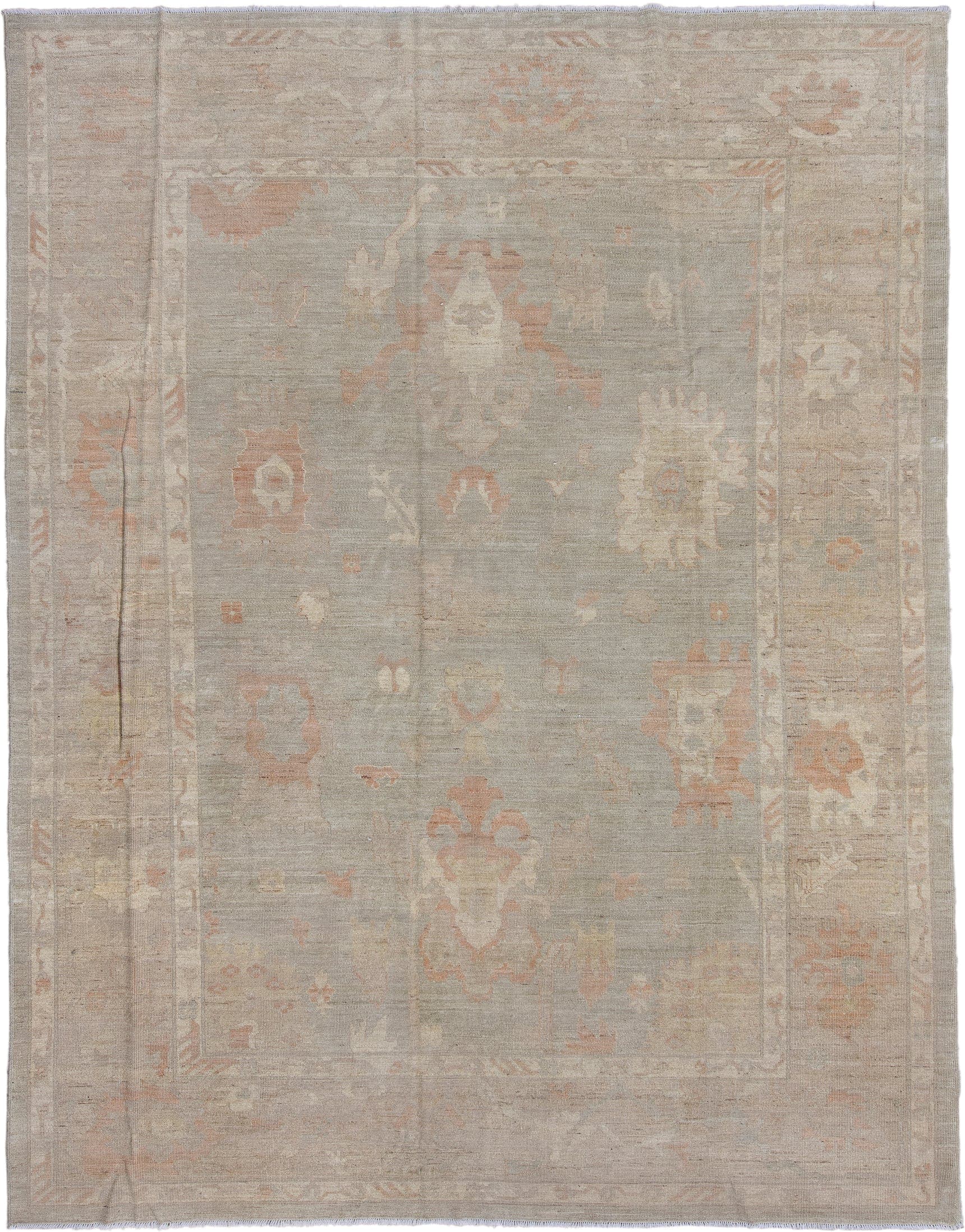 9' x 12' one-of-a-kind handmade vintage Oushak large size rug. Color palette: taupe, ivory, peach, beige, sage, camel, gray