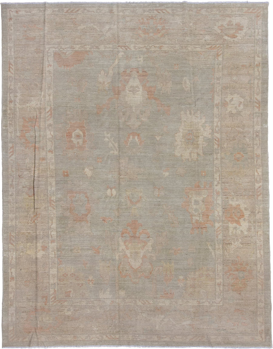 9' x 12' one-of-a-kind handmade vintage Oushak large size rug. Color palette: taupe, ivory, peach, beige, sage, camel, gray