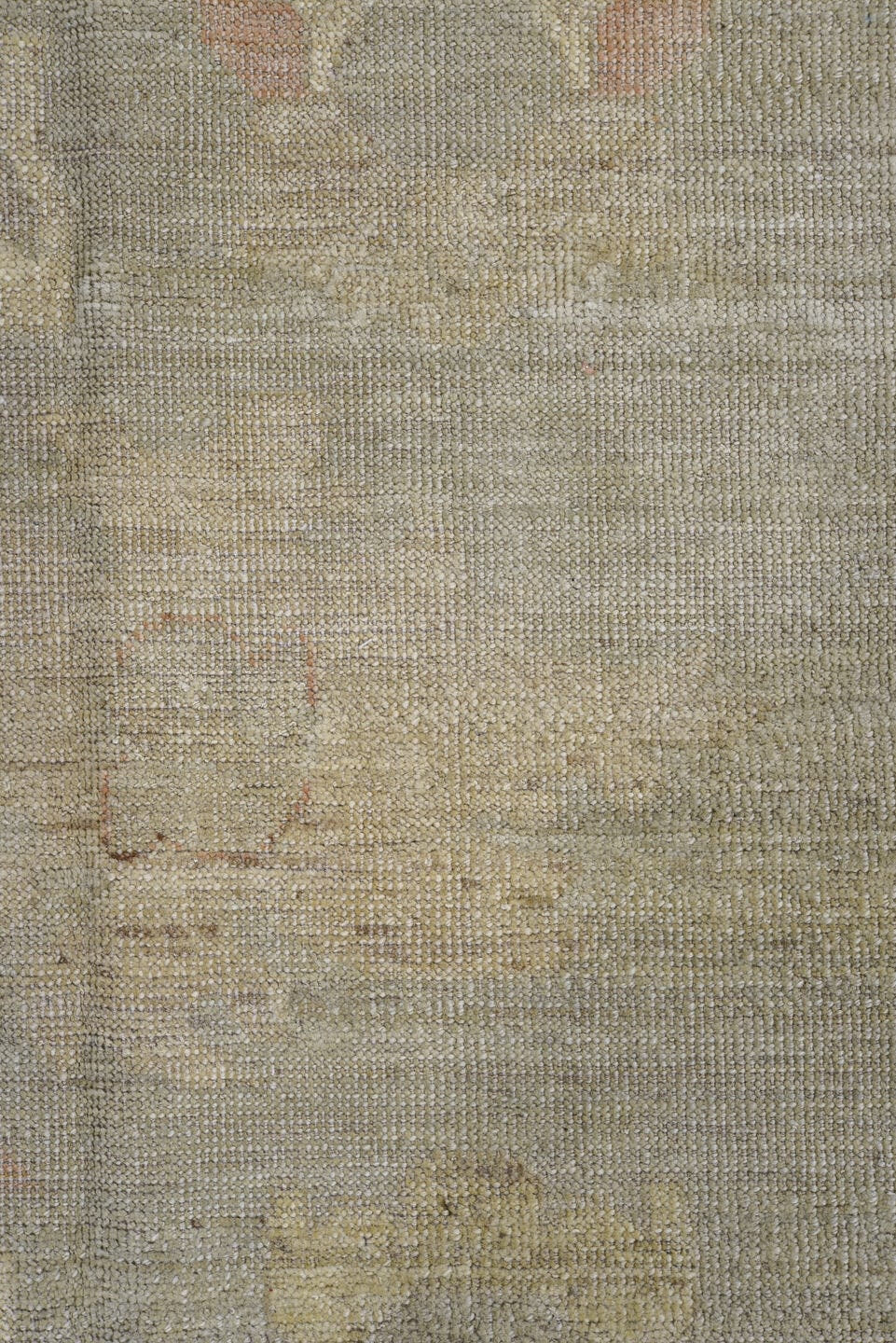 9' x 12' one-of-a-kind handmade vintage Oushak large size rug. Color palette: taupe, ivory, peach, beige, sage, camel, gray