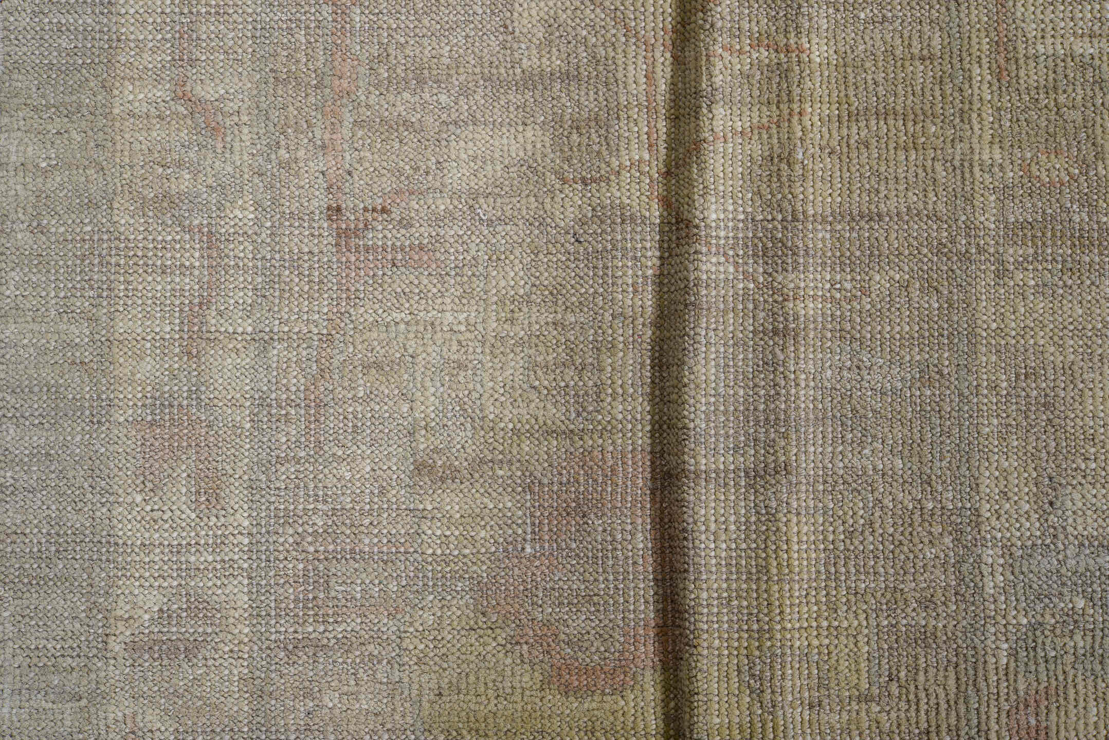 9' x 12' one-of-a-kind handmade vintage Oushak large size rug. Color palette: taupe, ivory, peach, beige, sage, camel, gray