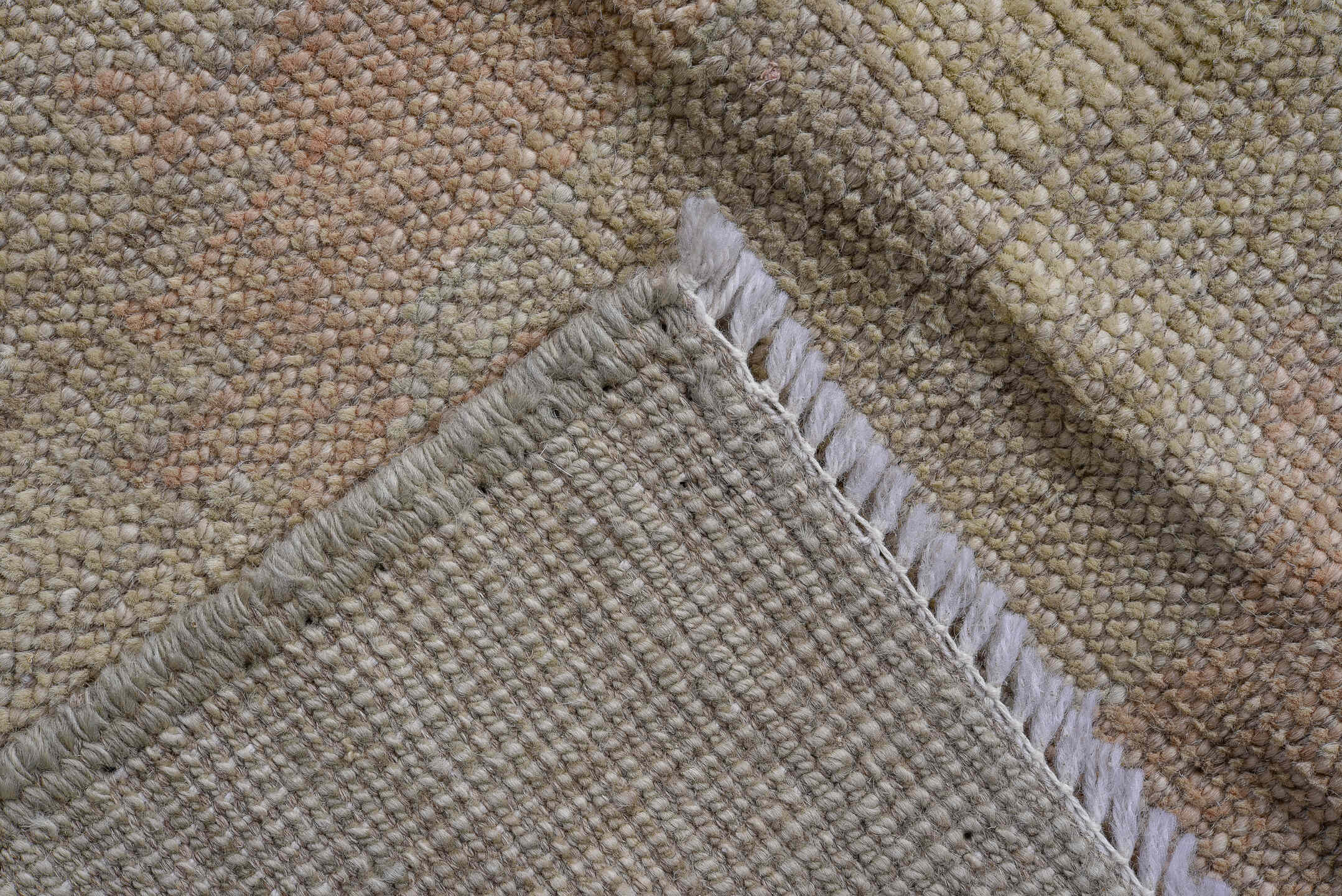 9' x 12' one-of-a-kind handmade vintage Oushak large size rug. Color palette: taupe, ivory, peach, beige, sage, camel, gray