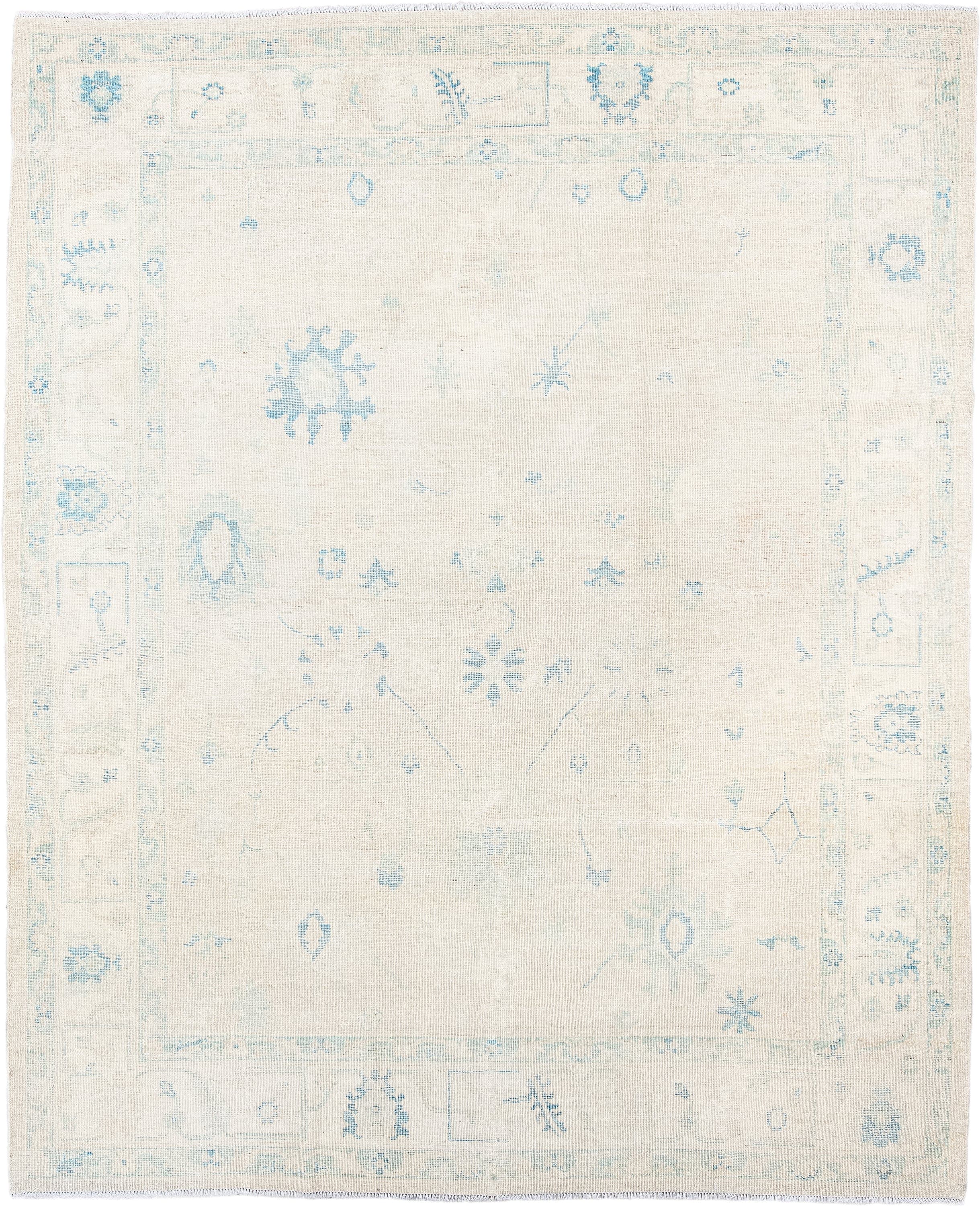 8' x 10' one-of-a-kind handmade vintage Oushak large size rug. Color palette: ivory, pale blue, cream, beige, light blue