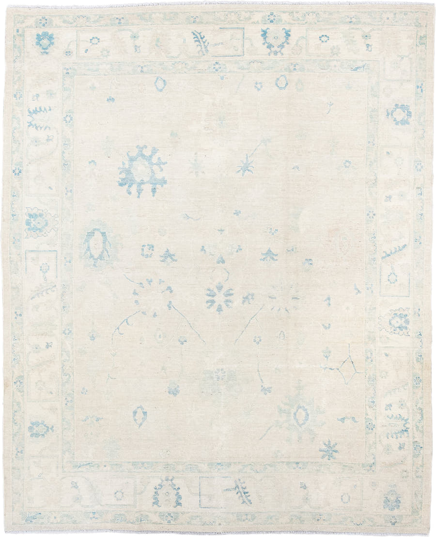 8' x 10' one-of-a-kind handmade vintage Oushak large size rug. Color palette: ivory, pale blue, cream, beige, light blue