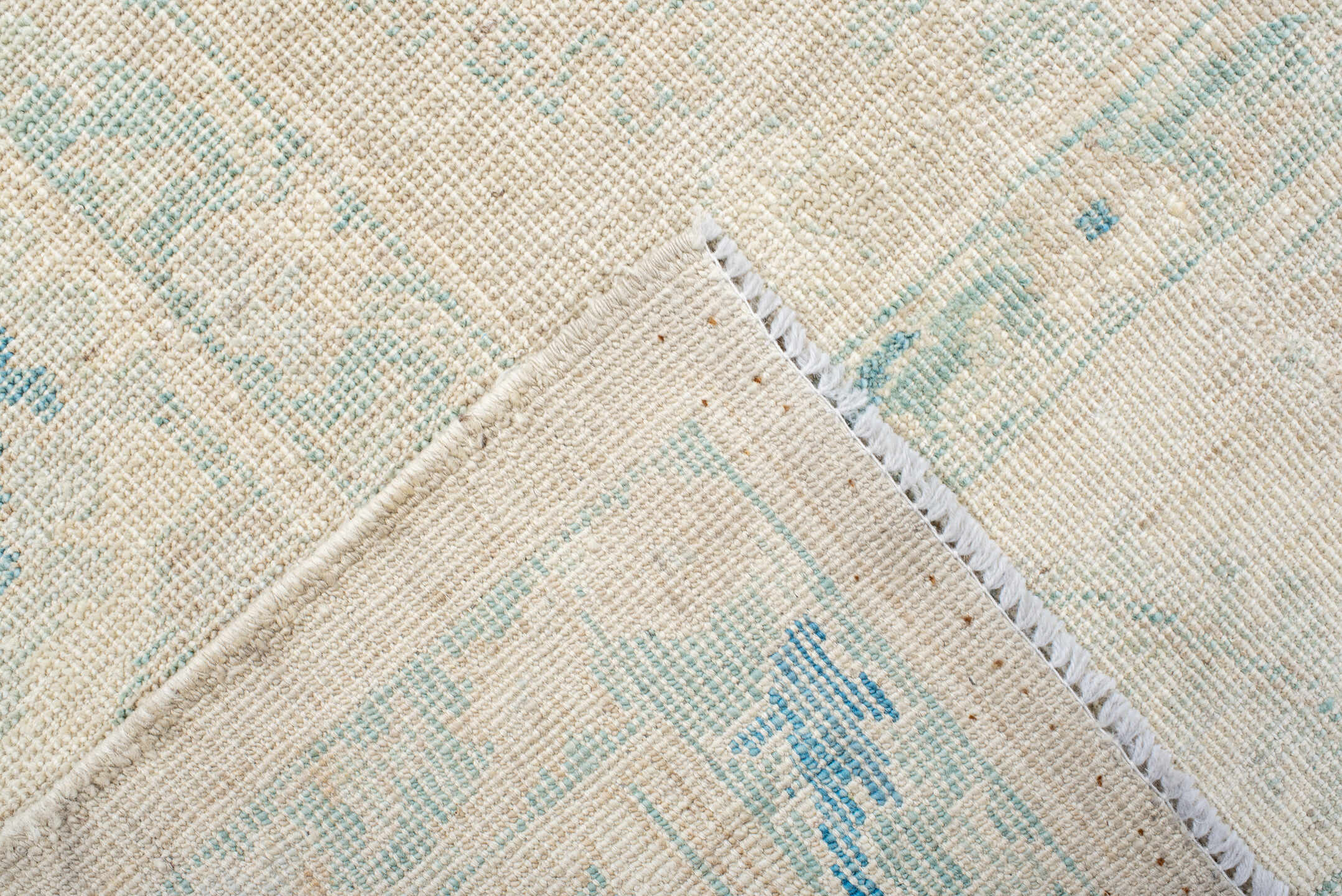 8' x 10' one-of-a-kind handmade vintage Oushak large size rug. Color palette: ivory, pale blue, cream, beige, light blue