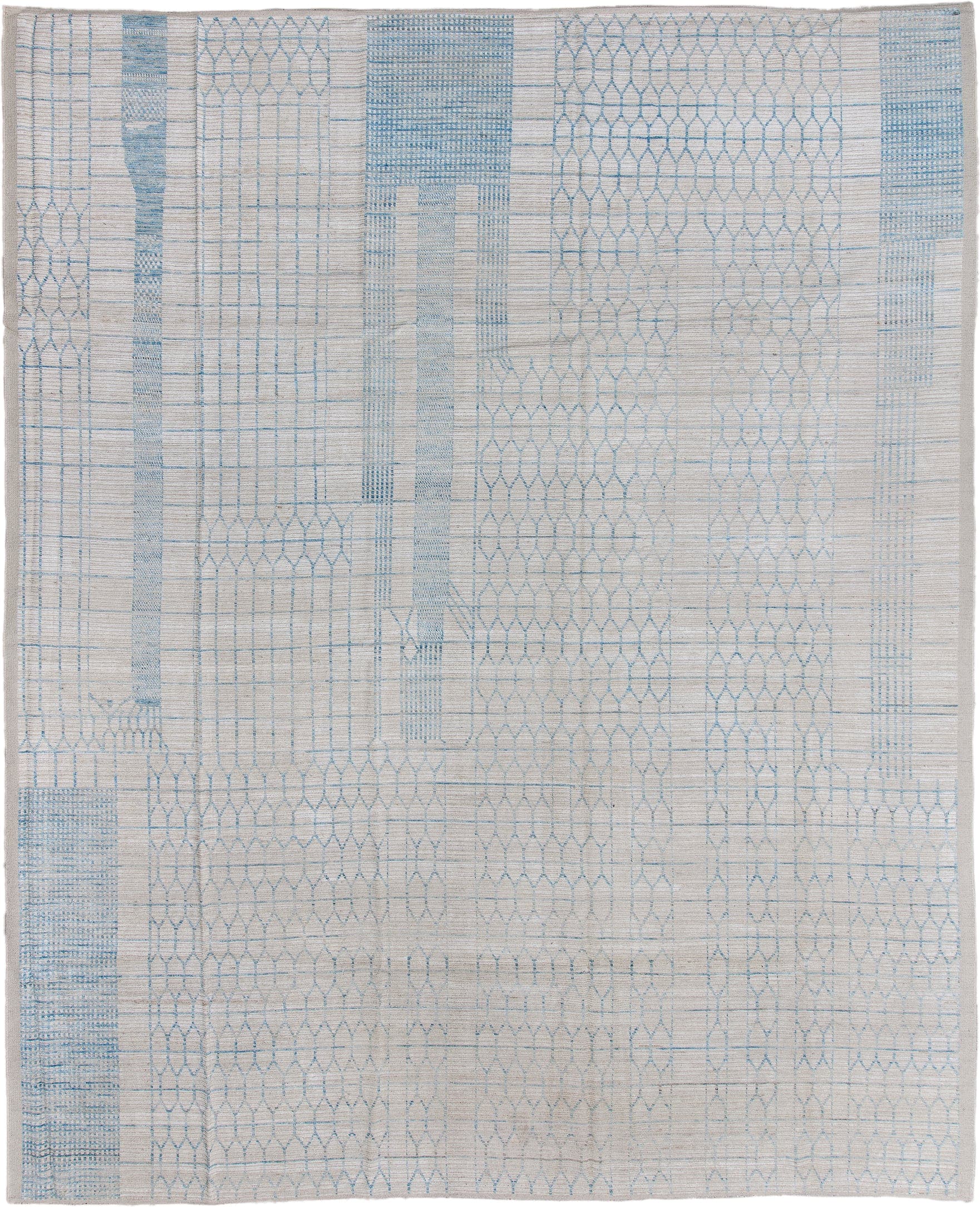 12' x 15' one-of-a-kind handmade vintage Tulu oversize rug. Color palette: ivory, sky_blue, light_gray, light blue