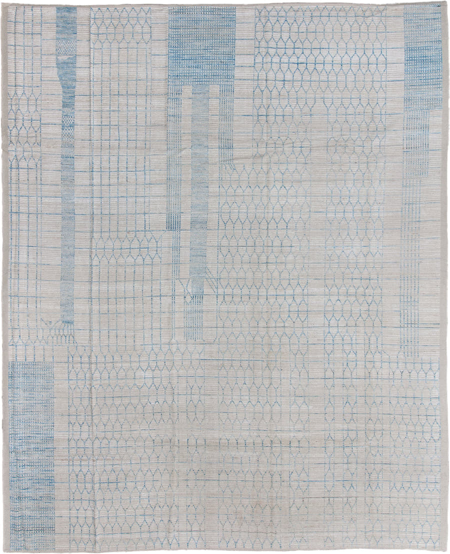 12' x 15' one-of-a-kind handmade vintage Tulu oversize rug. Color palette: ivory, sky_blue, light_gray, light blue