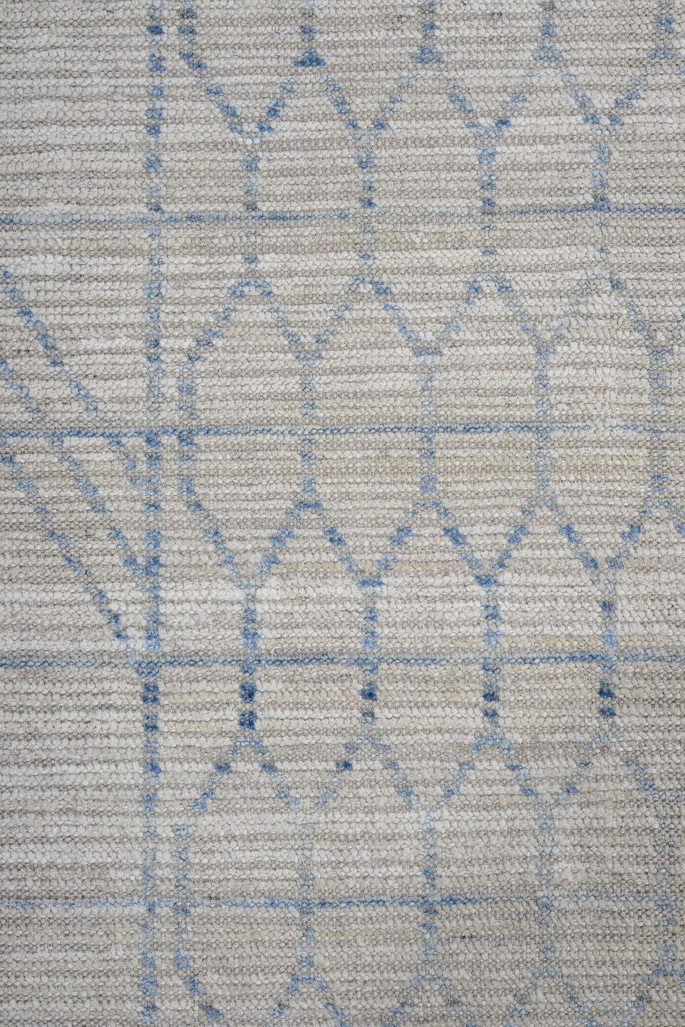 12' x 15' one-of-a-kind handmade vintage Tulu oversize rug. Color palette: ivory, sky_blue, light_gray, light blue
