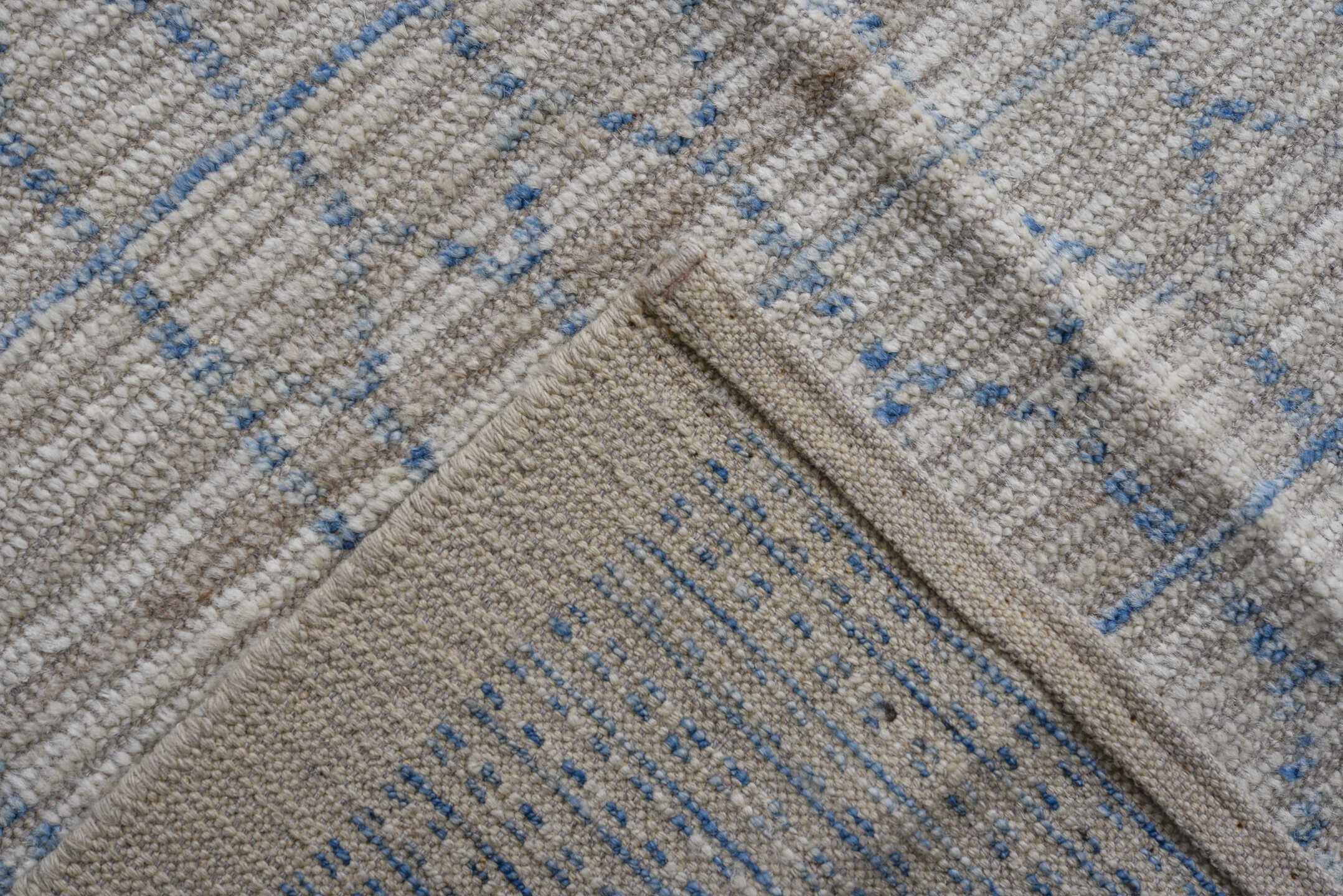 12' x 15' one-of-a-kind handmade vintage Tulu oversize rug. Color palette: ivory, sky_blue, light_gray, light blue