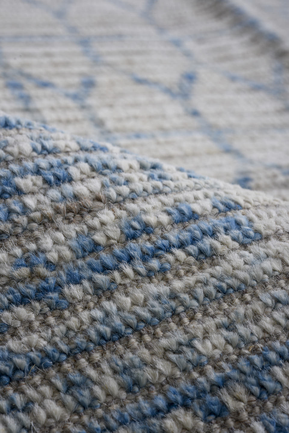 12' x 15' one-of-a-kind handmade vintage Tulu oversize rug. Color palette: ivory, sky_blue, light_gray, light blue
