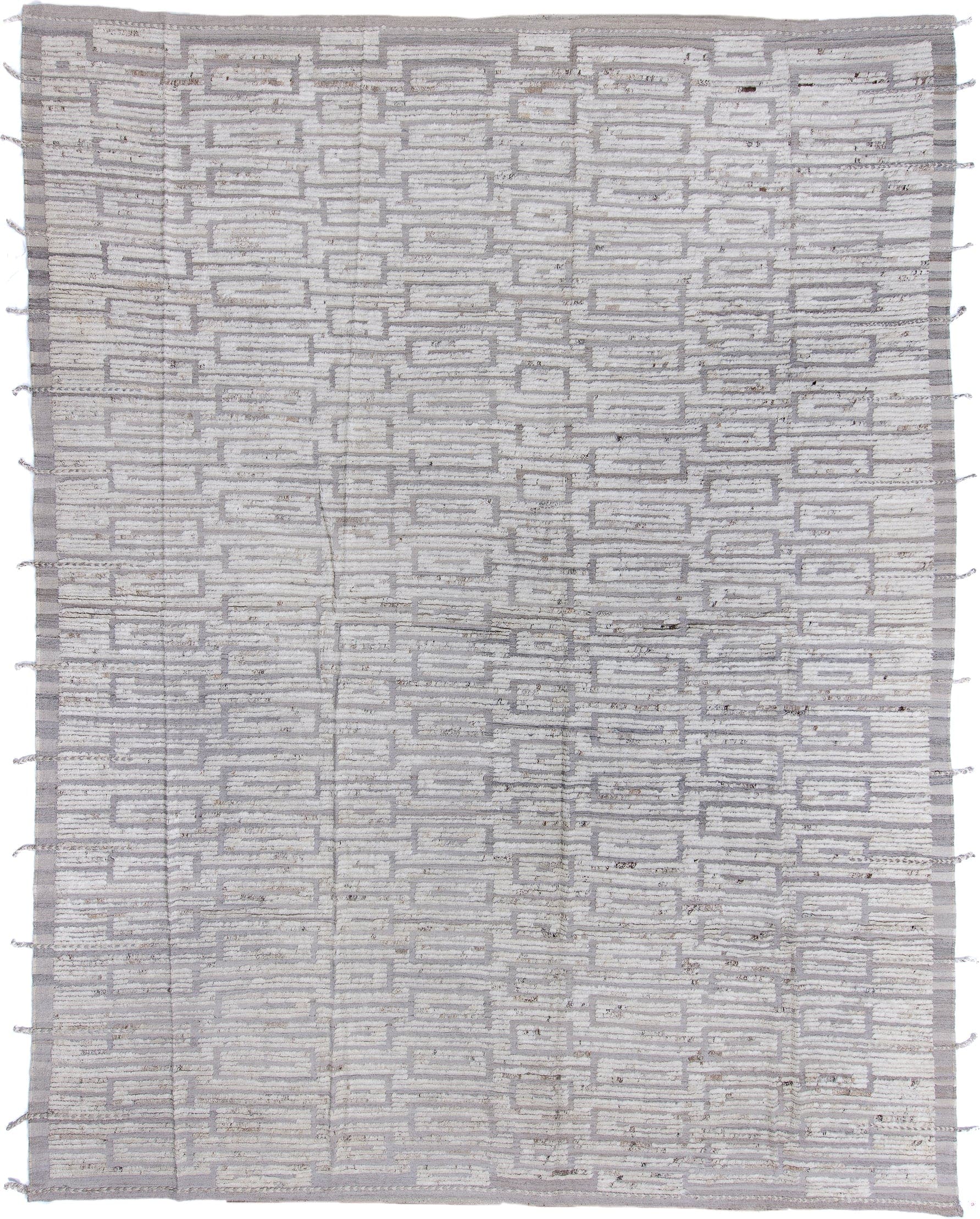 12' x 15' one-of-a-kind handmade vintage Tulu oversize rug. Color palette: ivory, light gray, taupe, greige, beige, gray